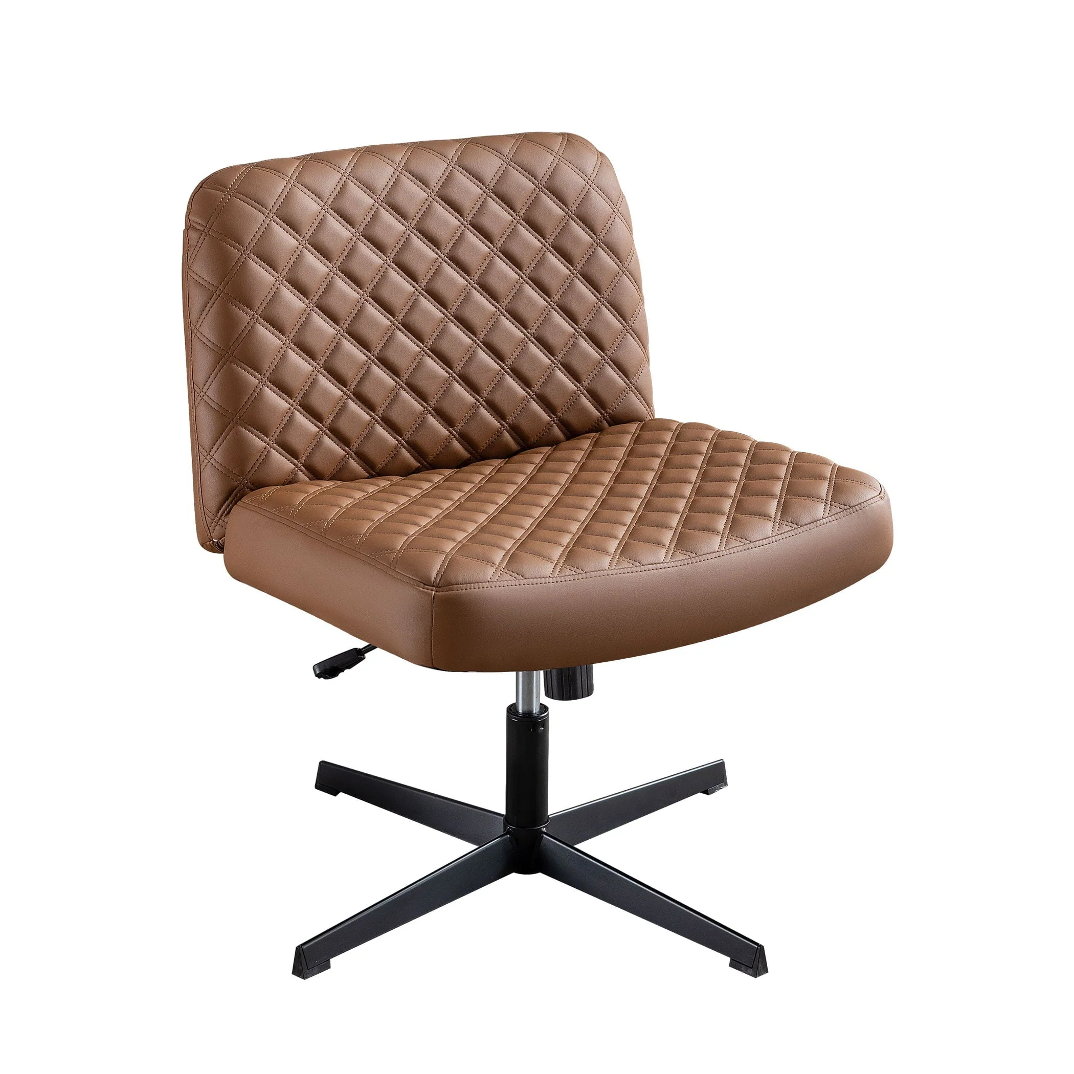 JONPONY Armless PU Leather Office Desk Chair,Cross Legged Home Office Chair No Wheels Heavy Duty Metal Base,120° Rocking Ergonomic PC Chair,Brown