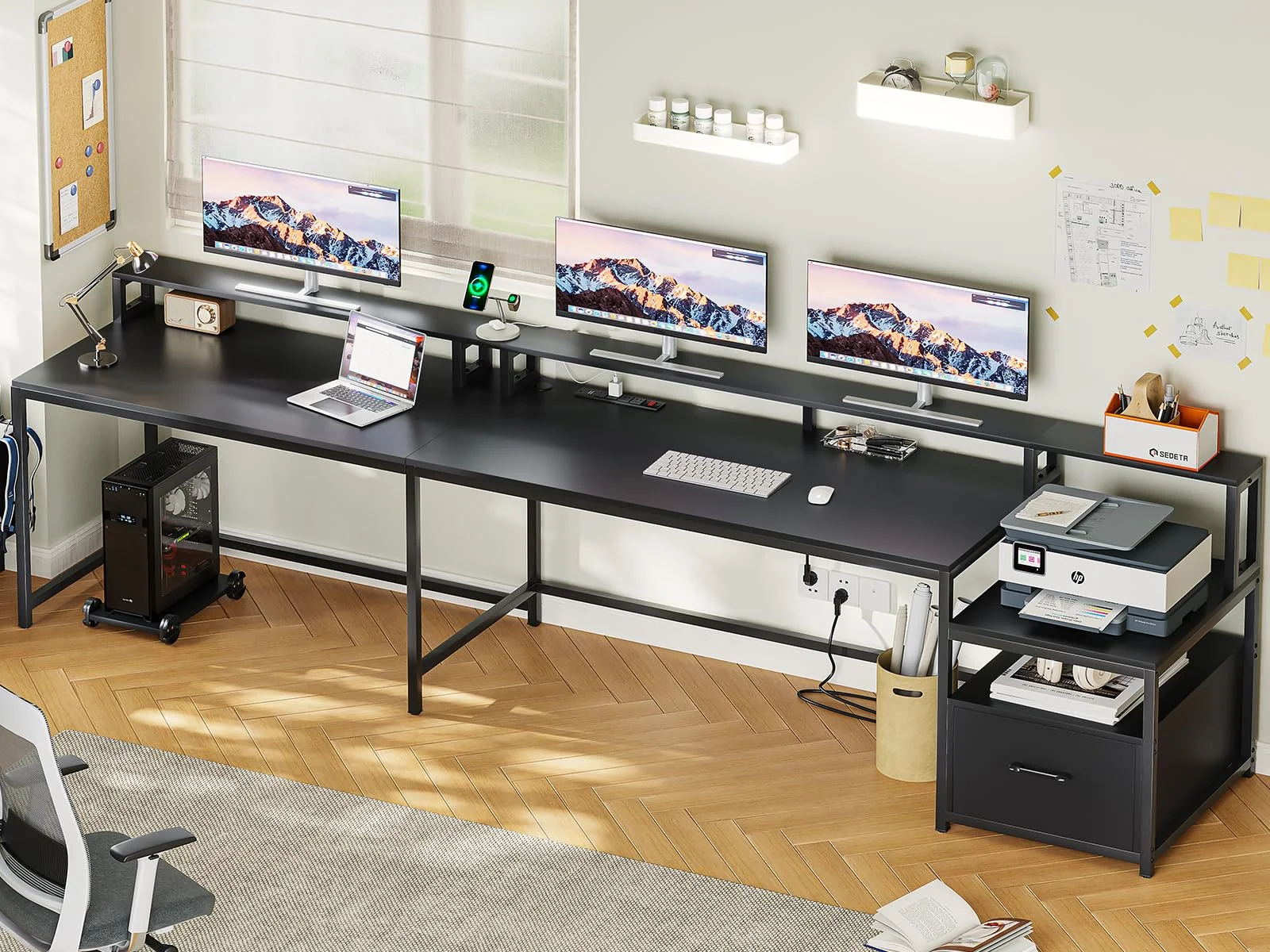 L Shaped Desk with Power Outlet and LED Lights, Corner Computer Desk with File Drawer for Home Office,  Gaming Desk,  Rustic Brown