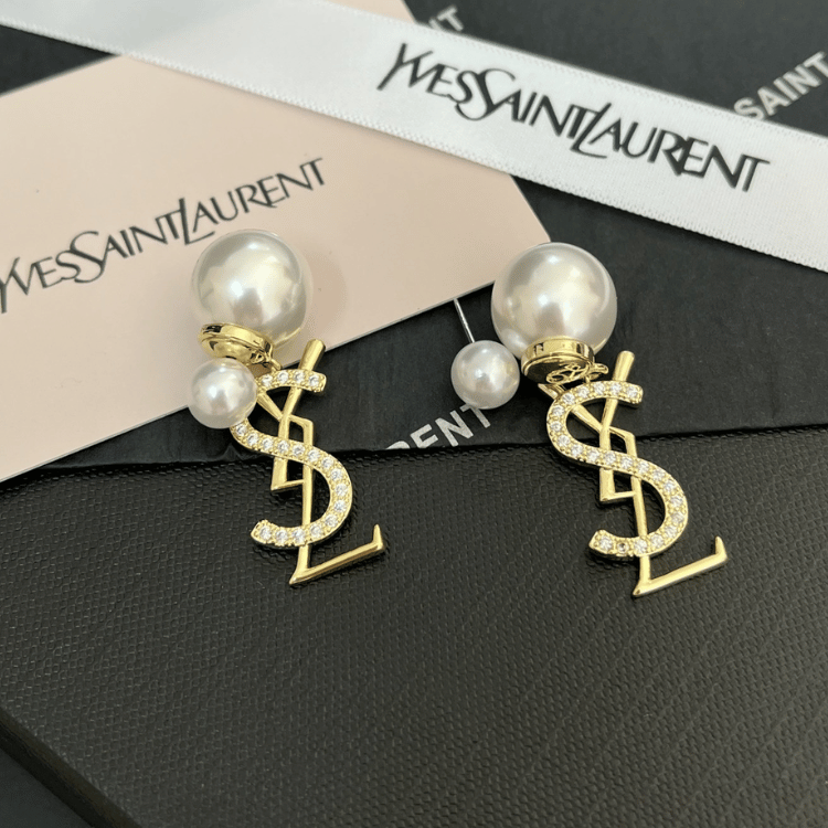 Yves Saint Laurent Cassandre Logo And Pearl Double Earrings Gold-Tone