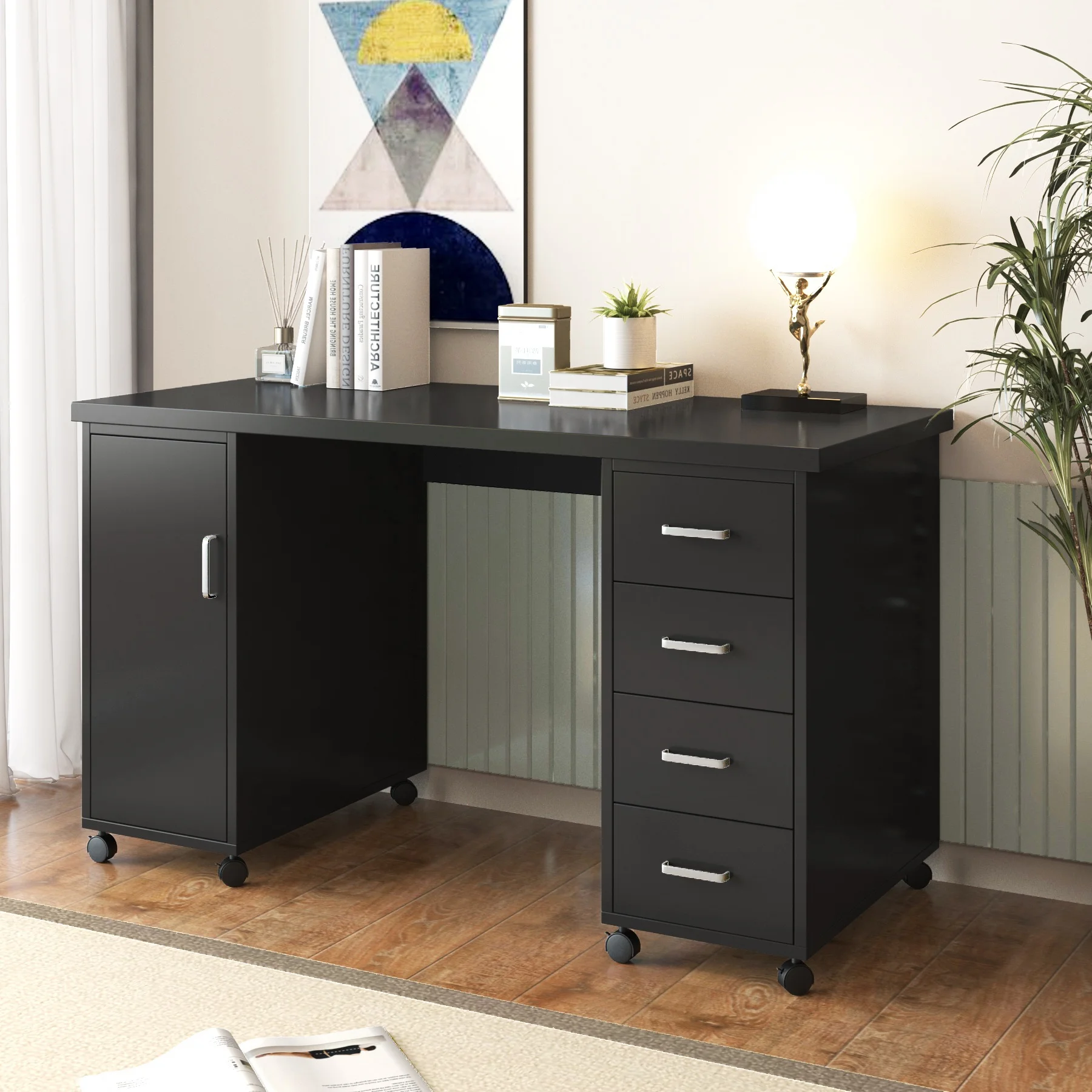 Sesslife White Computer Desk, Writing Desk with Lockable Wheels???Modern Wood Study Desk with 4 Drawers for Home Office Workstation