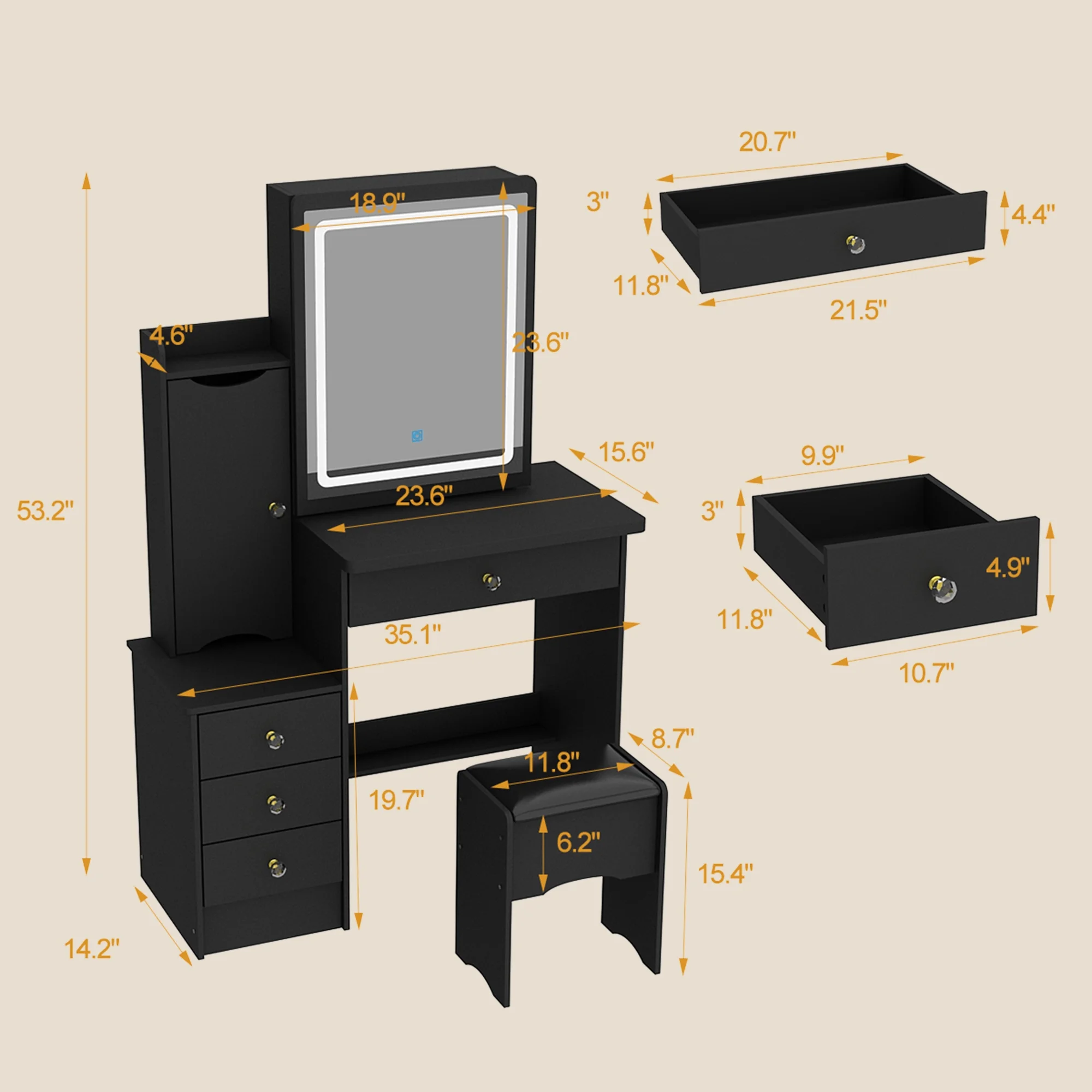 MONSLIPA Makeup Vanity Desk Set w/ Light, Sturdy Dressing Vanity Table with Bench, Shelves & Drawers