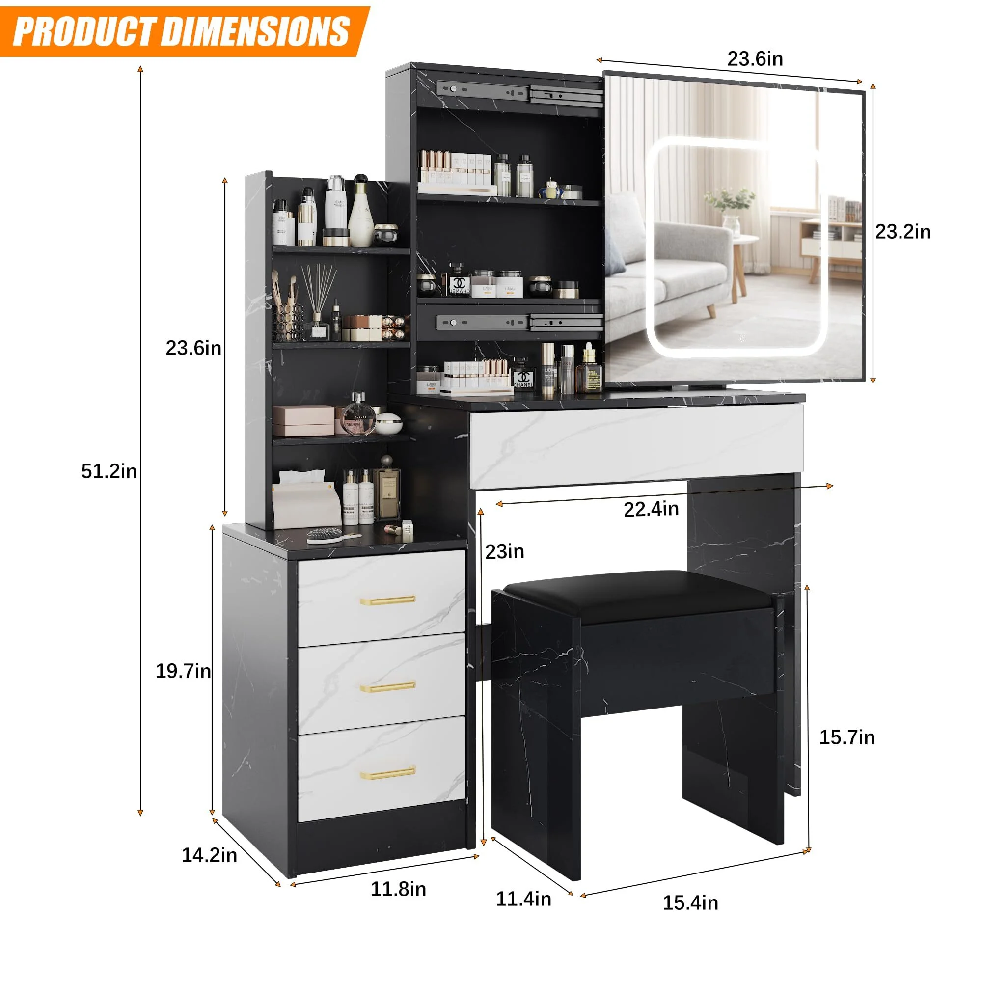 Vanity Desk with Sliding Mirror & Lights, Makeup Vanity Set with Charging Station 4 Drawers 7 Shelves, Large Vanity Set with Cushioned Stool for Bedroom, White