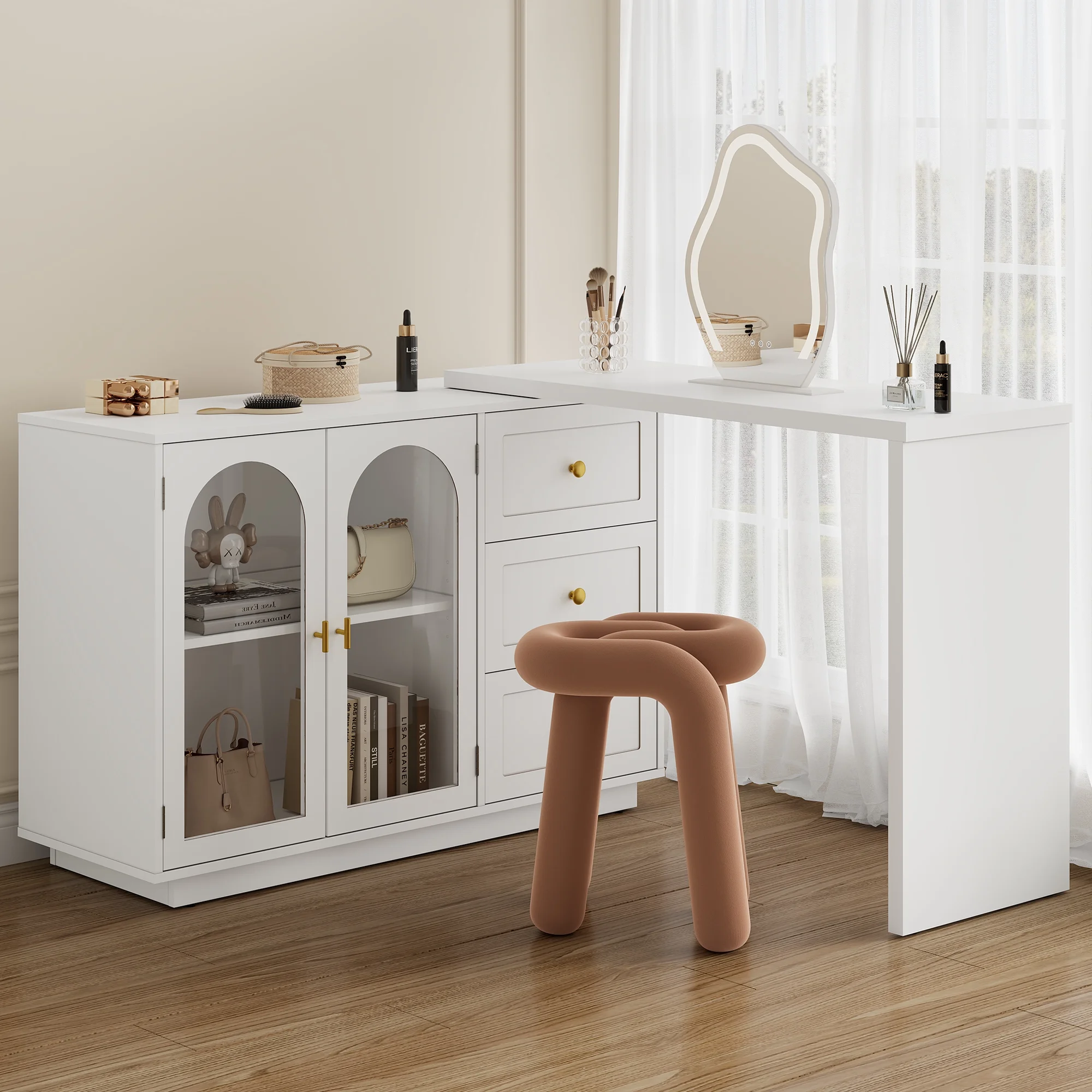 Heynemo Makeup Vanity with 3 Color Dimmable Lighted Hollywood Mirror, Vanity Table with 4 Drawers for Women Girls, Dressing Desk for Bedroom, Beauty Room, Brown