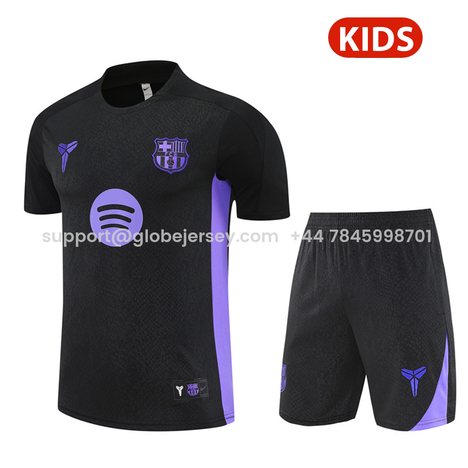 Barcelona 25-26 X KB Kids Short-Sleeve Training Set - Black Blue Top & Black Shorts