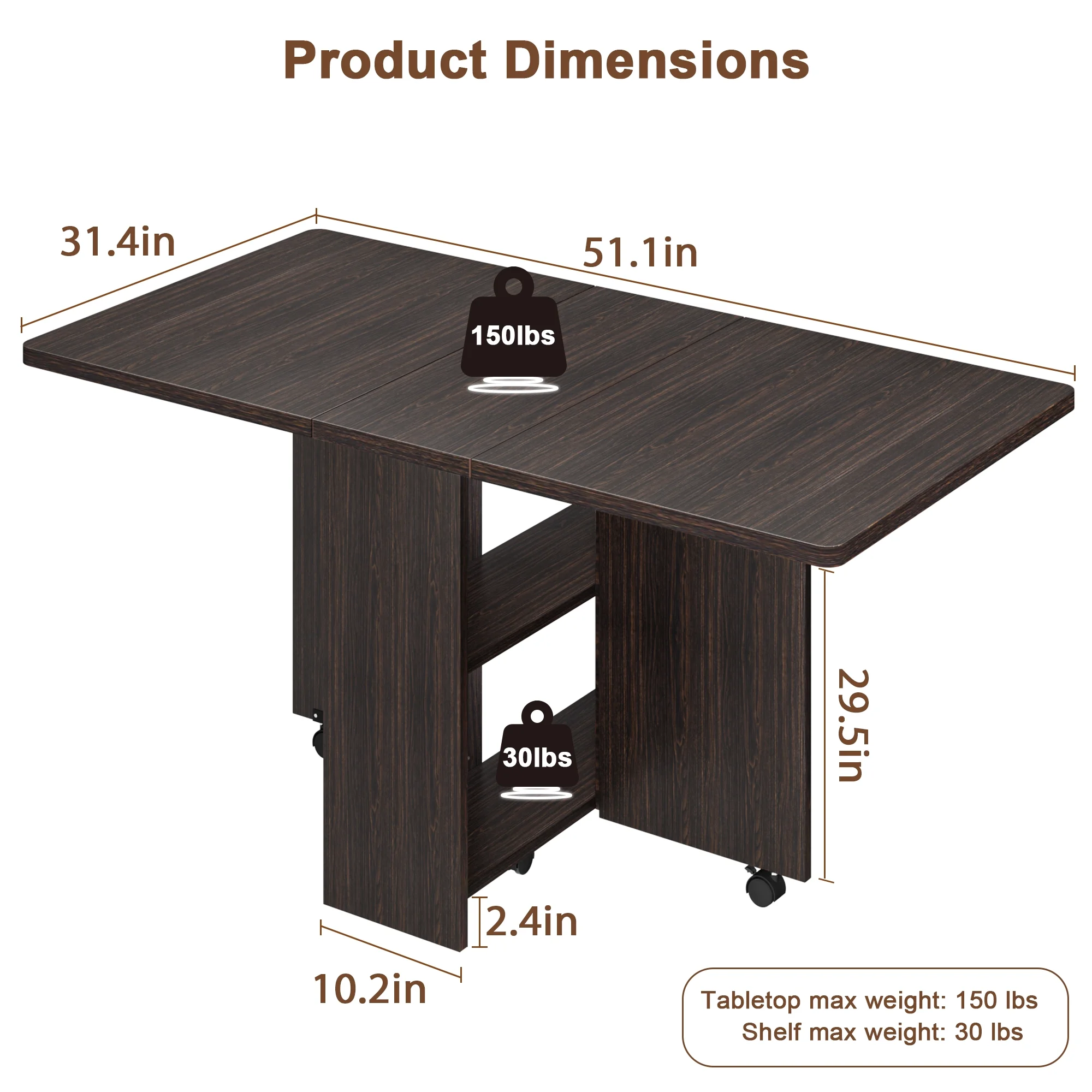 Danolapsi Folding Dining Table,Dinner Table with Wheels and 2-Layer Storage Shelf,Farmhouse Wood Kitchen Dining Room Tables Set for 4, Expandable Rectangle Dinner Kitchen Office Furniture