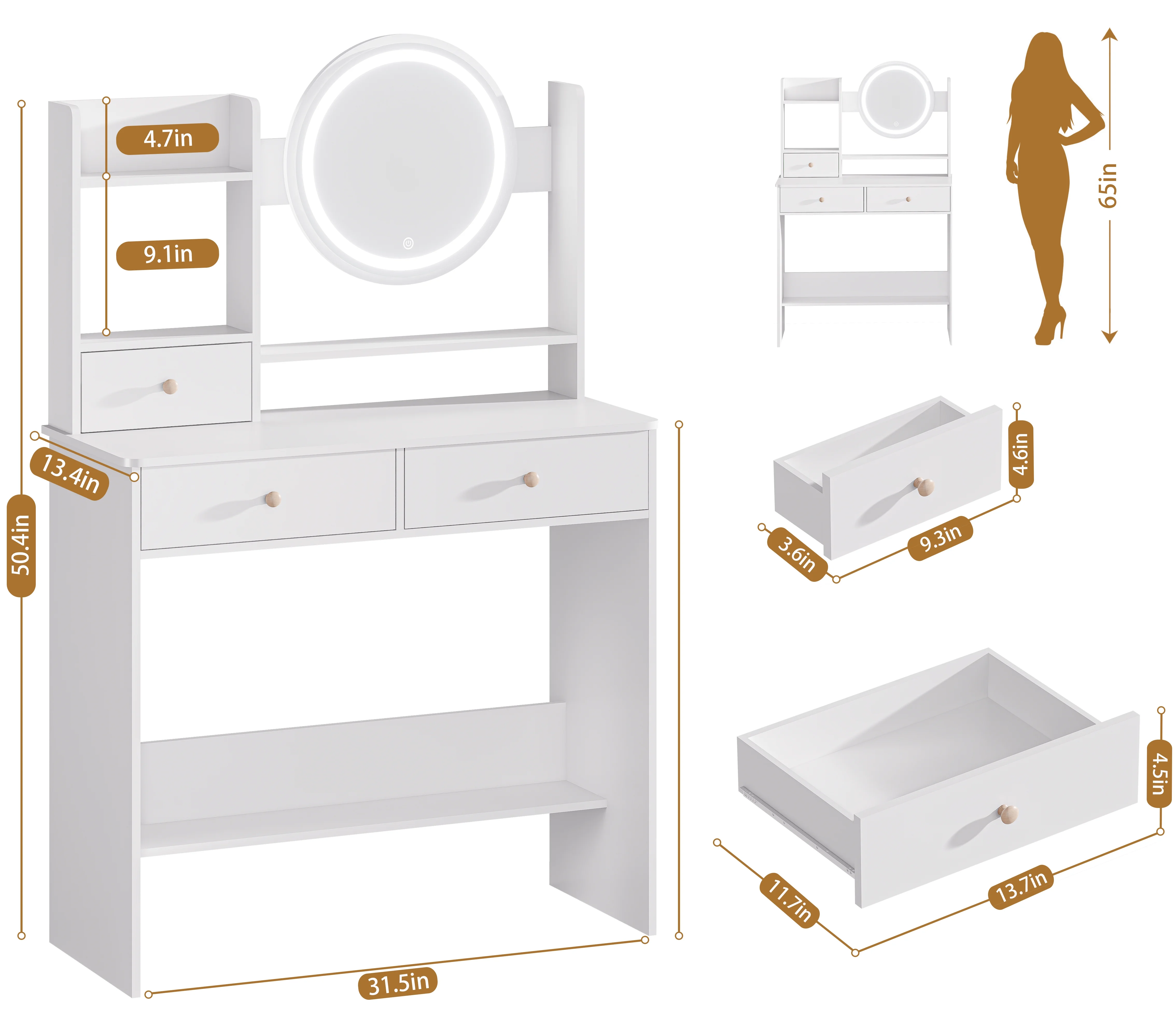 Vanity Desk with LED Lighted Mirror, Makeup Vanity Desk with 3 Drawers & Storage Shelves, 3 Color Modes, Dressing Table for Bedroom, White