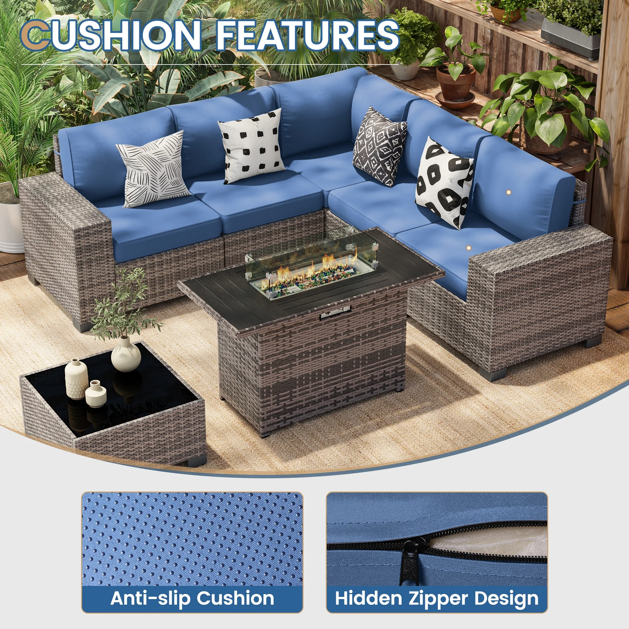 Poteban Patio Furniture Set 6 PCS Outdoor Sectional Conversation Sets Featuring Widen Wicker Armrests and High Back, Black (Waterproof Covers Included)