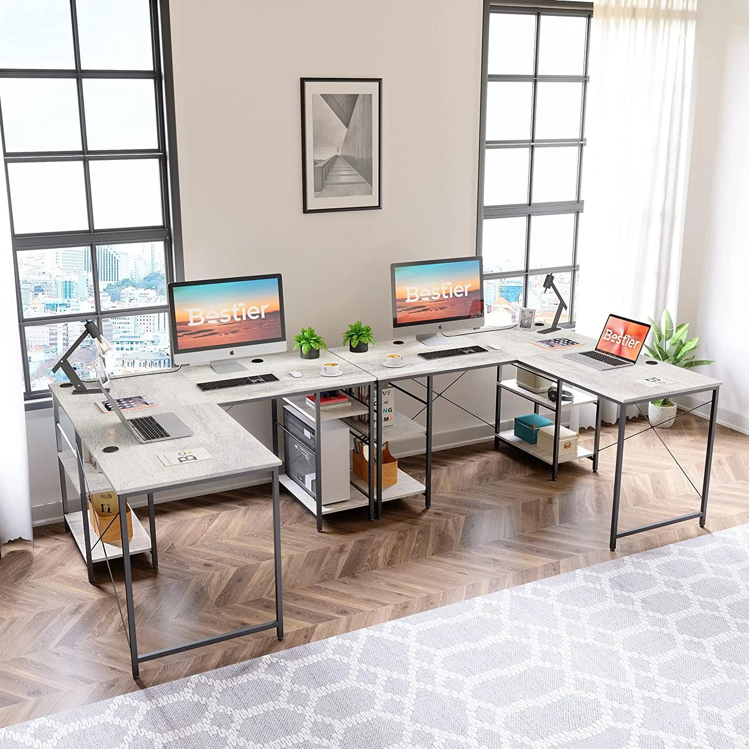 Bestier 86.6 inch Reversible L Shaped Desk with Shelves Grey