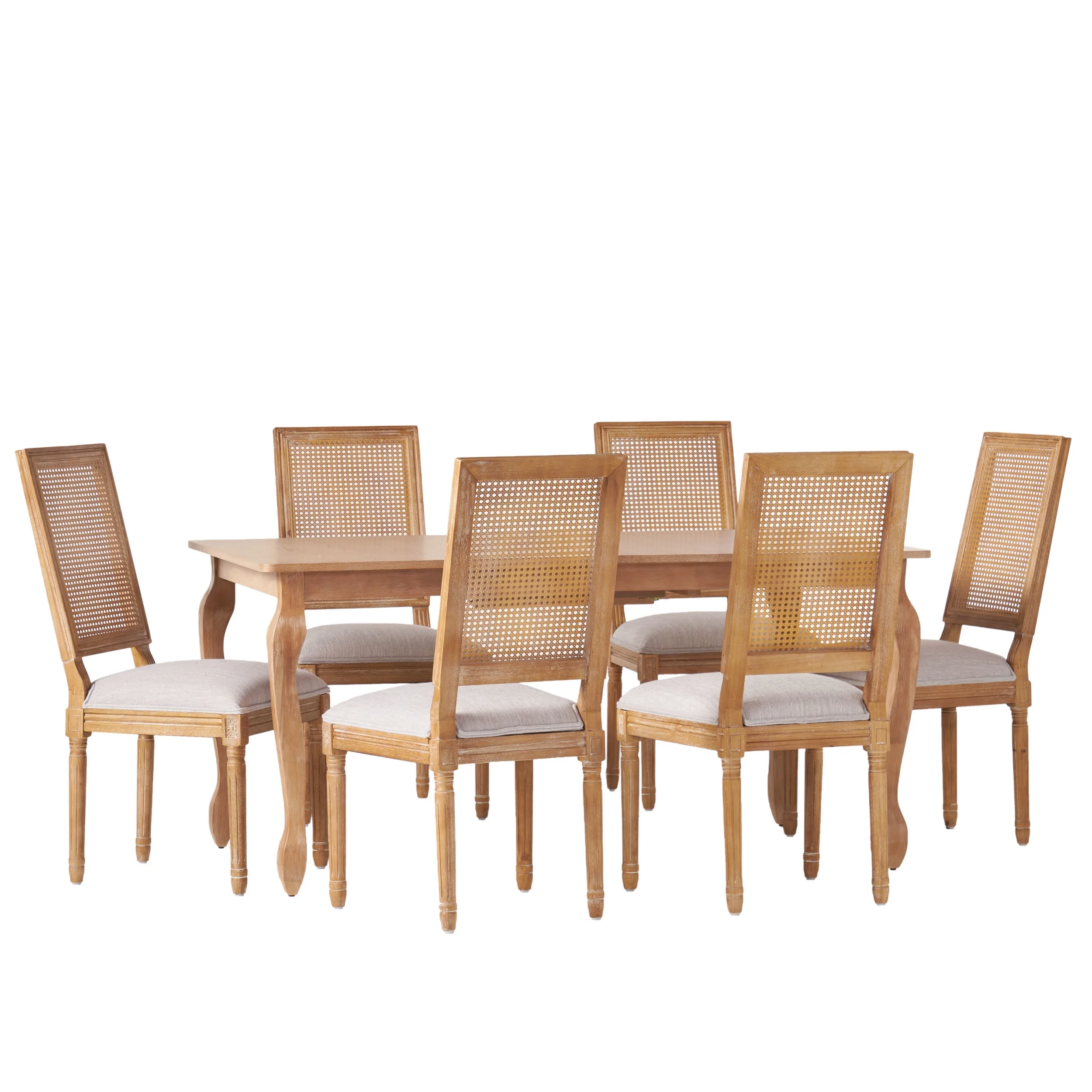 Noble House Fescue Fabric Upholstered Wood and Cane Expandable 7 Piece Dining Set, Gray and Black