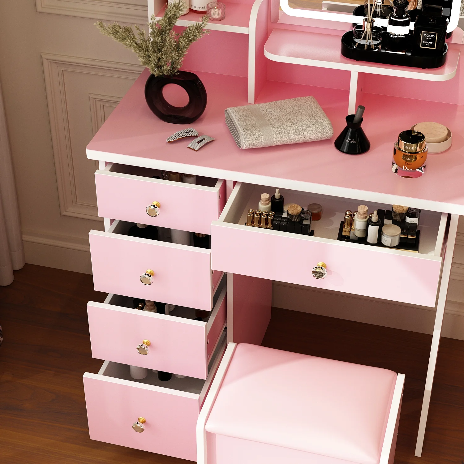 MONSLIPA Makeup Vanity Desk Set w/ Light, Sturdy Dressing Vanity Table with Bench, Shelves & Drawers