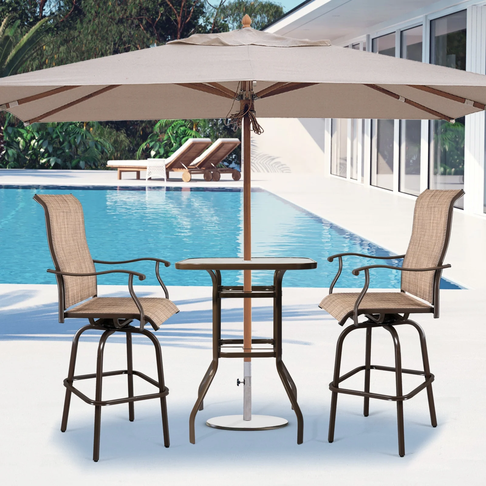 Ktaxon 31 Inch Patio Bar Table, Square Outdoor Bar Height Bistro Table with Tempered Glass Tabletop & Umbrella Hole, Outdoor Cocktail Table for Patio Yard Poolside, Brown