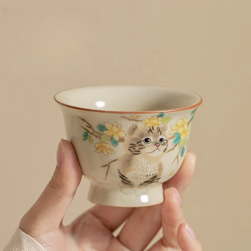 Buddha Stones Cute Cat Yellow Flowers Rabbit Teacup Kung Fu Tea Cup