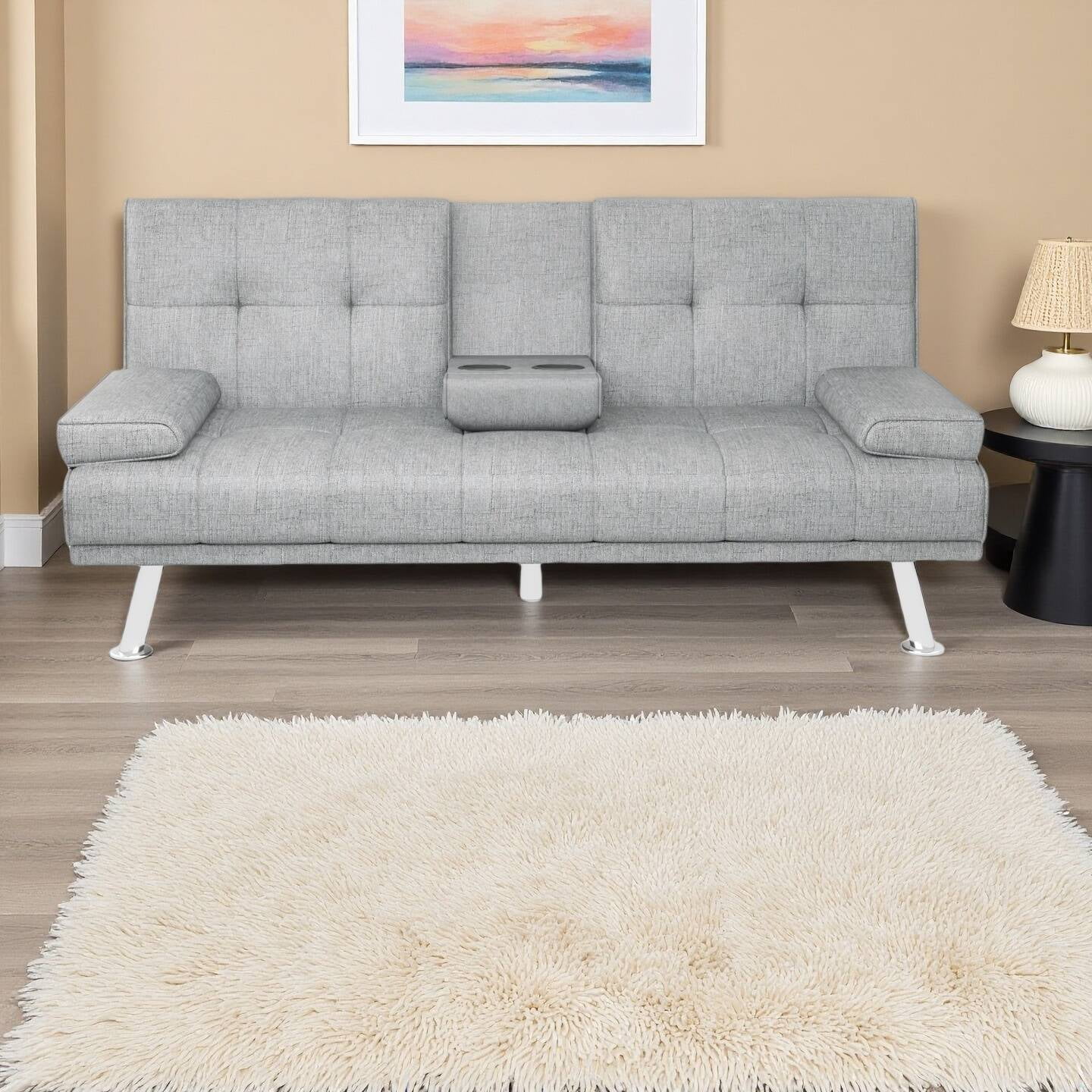 BEABA Futon Sofa Bed Modern PU Faux Convertible Couches with Cup Holder and Pillows Folding Furniture Upholstery