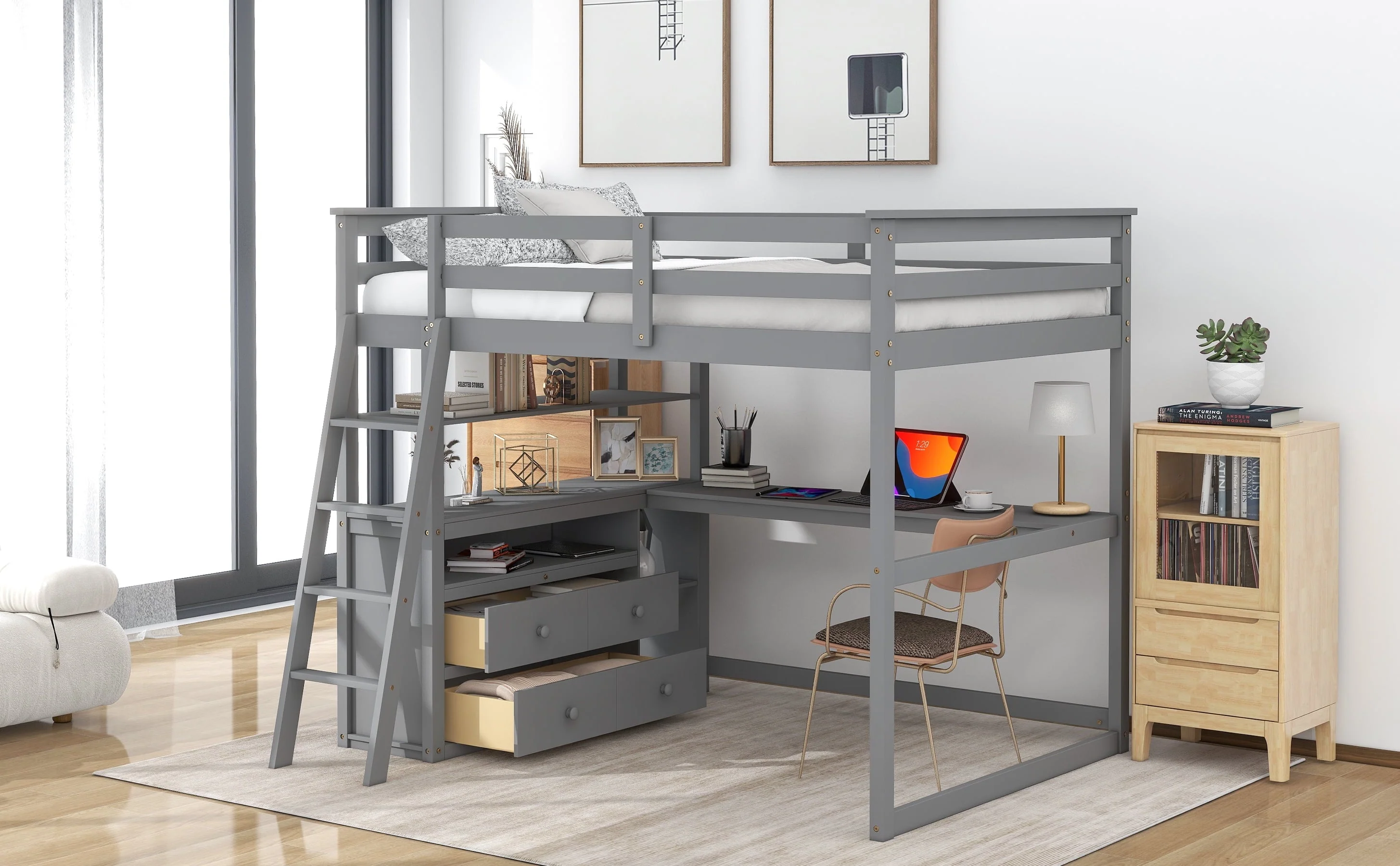Euroco Full Size Wood Loft Bed with Desk, Shelves and Cabinets for Kids Room, Incline Ladder and 3 Drawers, Gray