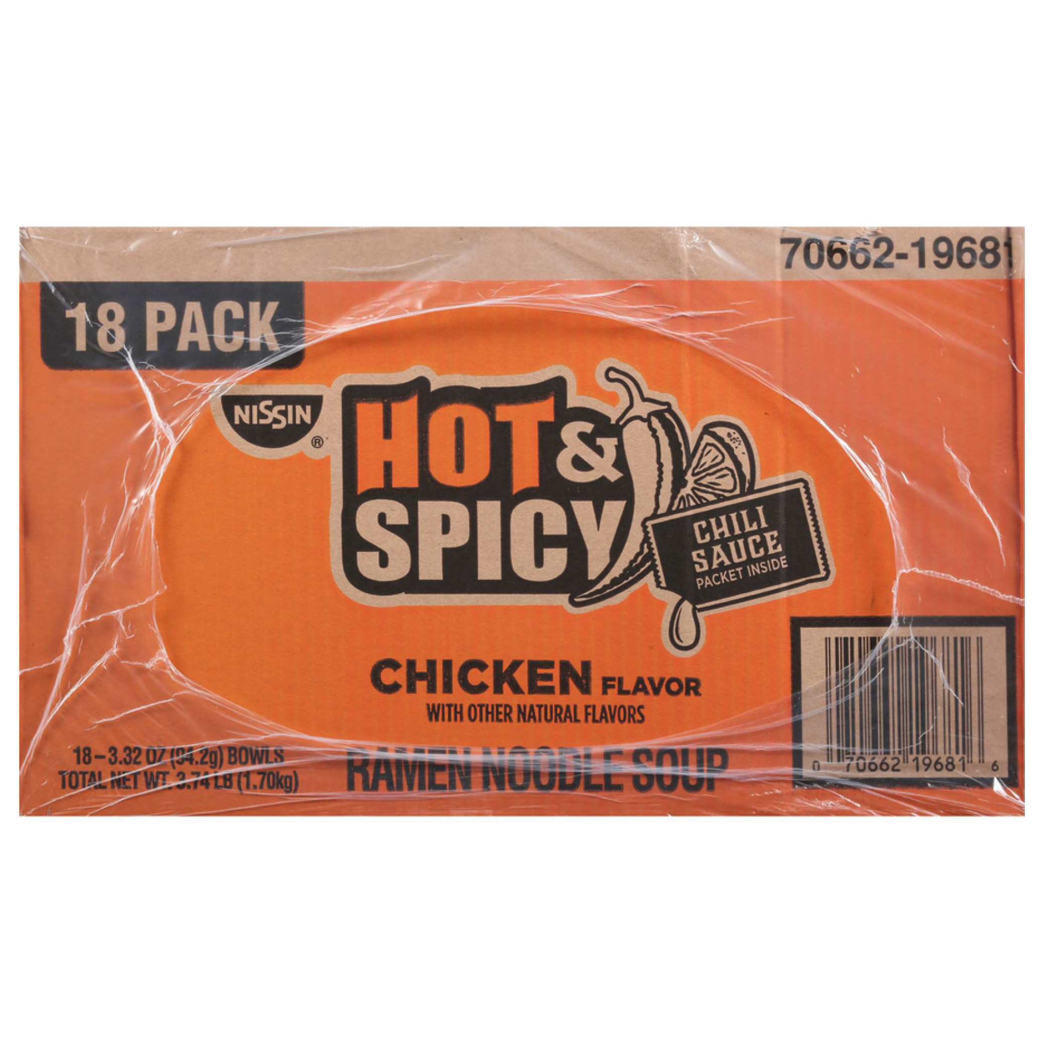 Nissin, Hot & Spicy Noodle Bowl, Chicken, 3.32 oz, 18-Count
