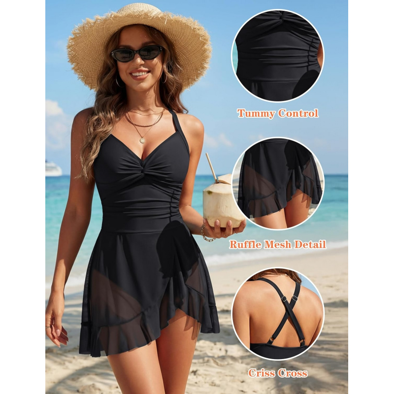 Women's Mesh One Piece Swimsuit Modest Tummy