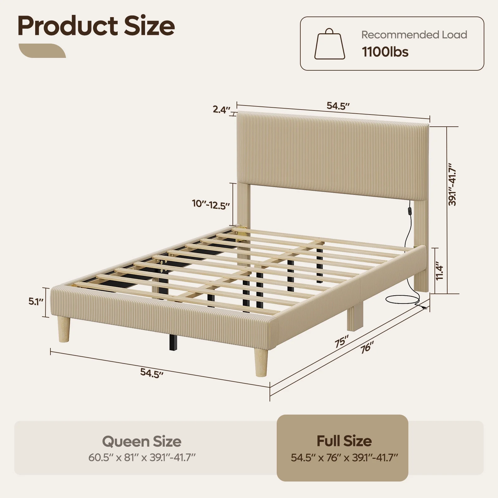 Bestier Corduroy Upholstered Full Bed Frame with Adjustable Headboard, Platform Bed Frame with LED Light, Solid Wood Slats, No Box Spring Needed, Beige