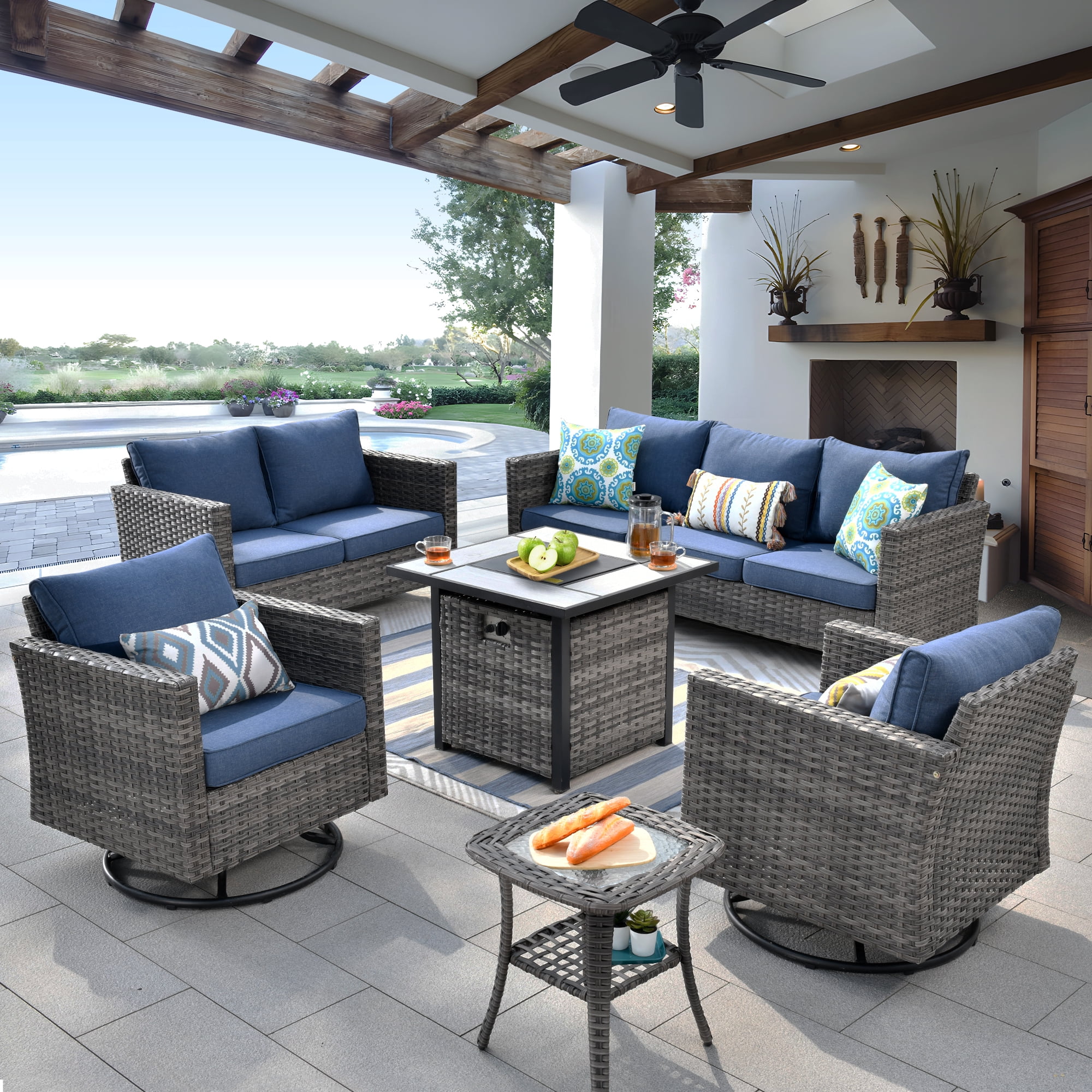 Ovios 6 Pieces Outdoor Patio Furniture Set with Gas Propane Fire Pit Table Wicker Outdoor Conversation Set with Swivel Rocking Chair for Backyard, Cushion Beige