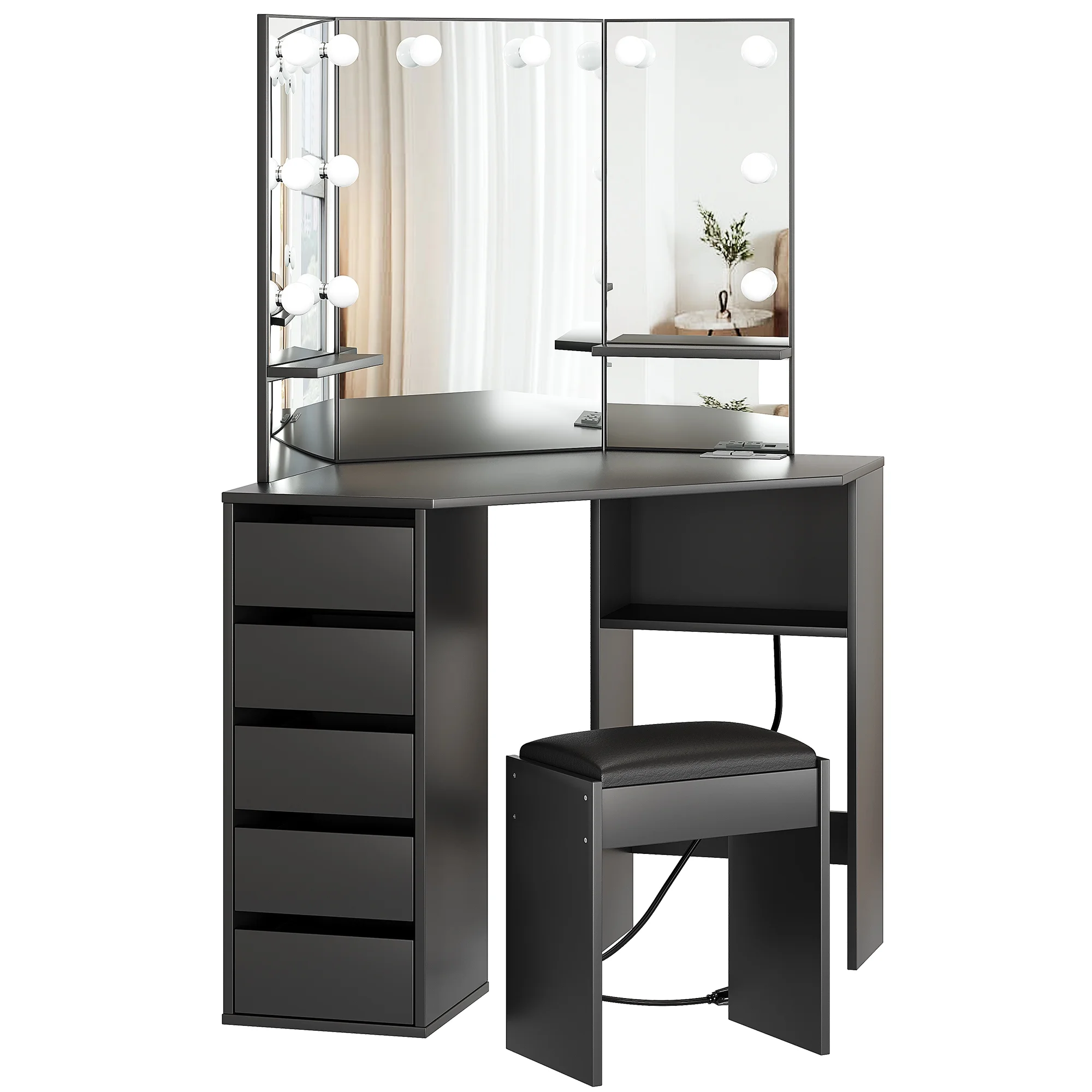 Danolapsi Corner Makeup Vanity Desk with Mirror and Lights,Bedroom Vanity Table with Lighted Mirror 5 Sliding Drawers and Storage Shelf for Women Girls(ship in 2 boxes)