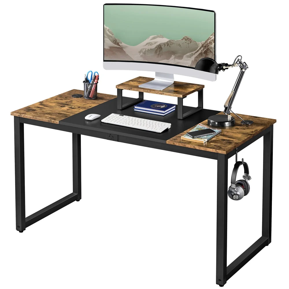 Easyfashion Industrial Computer Desk with Monitor Stand, Rustic Brown/Black