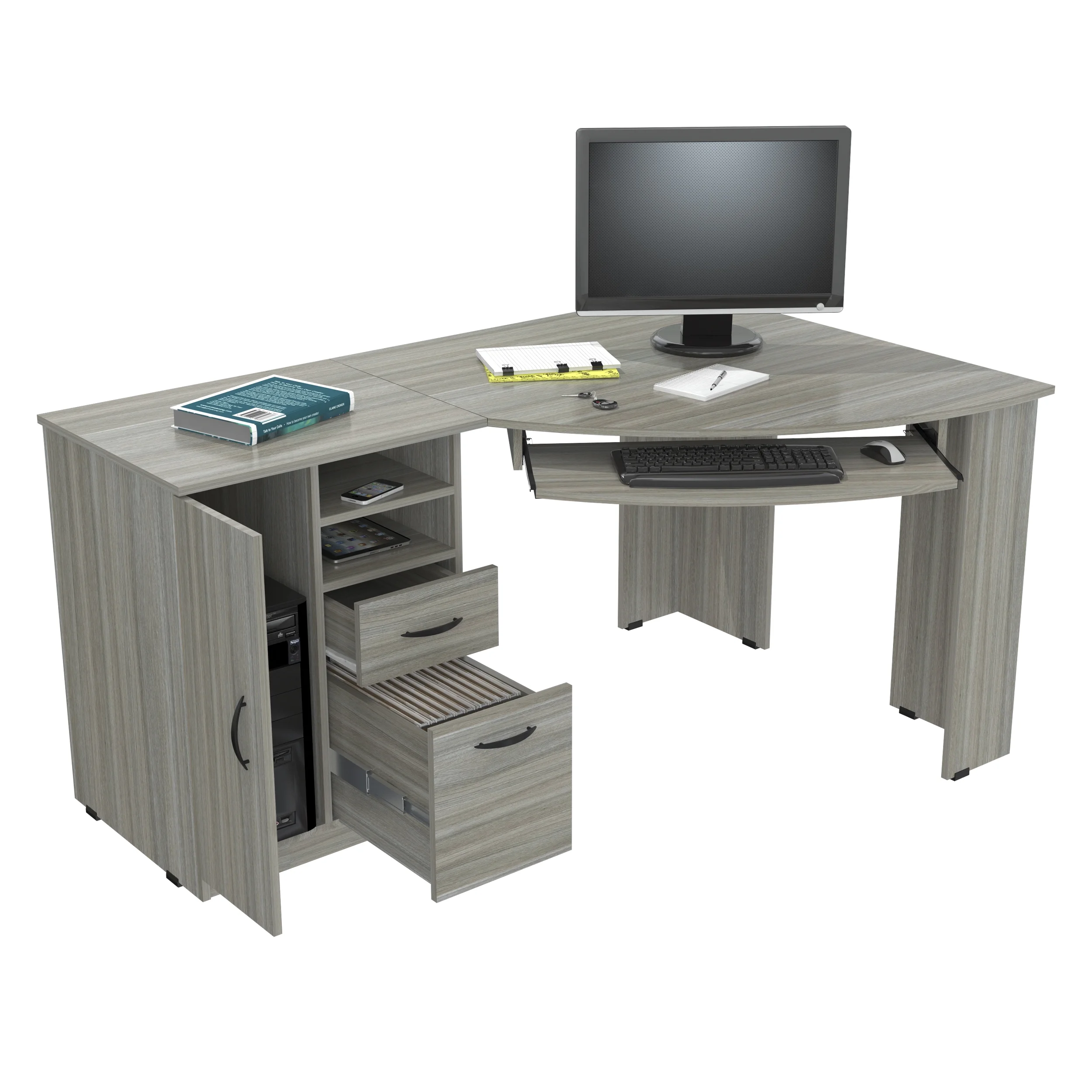 Inval Modern Corner Desk with 2 Drawers and Cabinet, Washed Oak