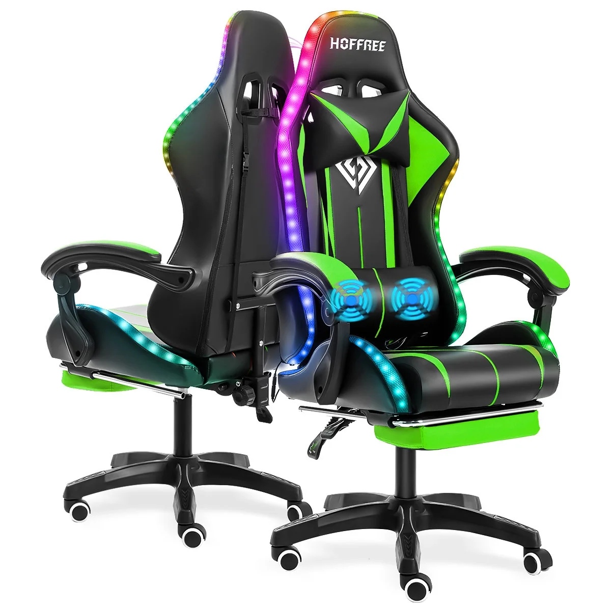 Hoffree Gaming Chair with Massage PU Leather Office Chair with Footrest and LED Light Ergonomic Gamer Chair Lumbar Support Adjustable Headrest High Back Computer Desk Chair for Home Office