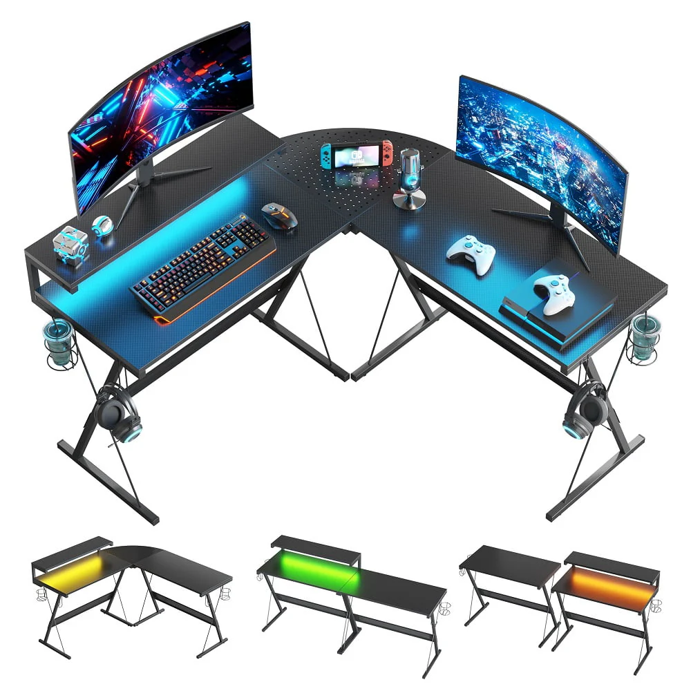 Bestier 55 inch Gaming Desk L Shaped Carbon Fiber Surface Corner Desk