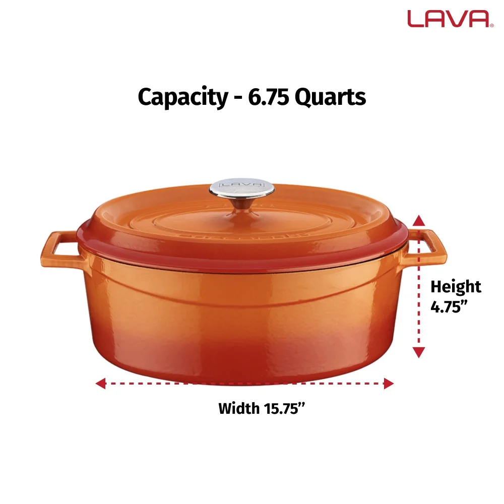 LAVA 6.75 Quarts Cast Iron Dutch Oven: Multipurpose Stylish Oval Shape Dutch Oven Pot with Three Layers of Enamel Coated with Trendy Lid (Blue)