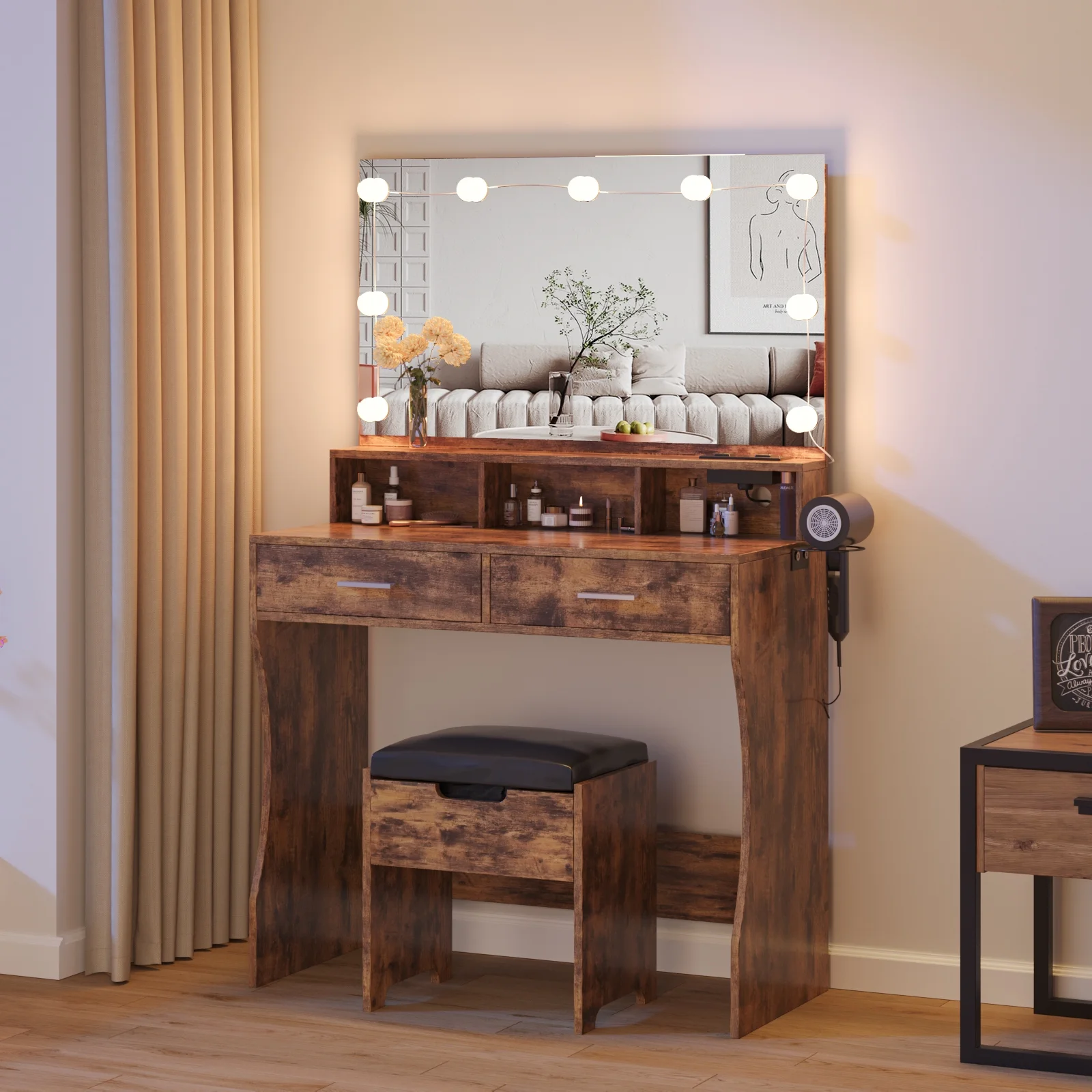 Modern Vanity Table Set with Lighted Mirror,Makeup Table with 2 Drawers & Power Strip,Dresser Desk for Girls, Women, White