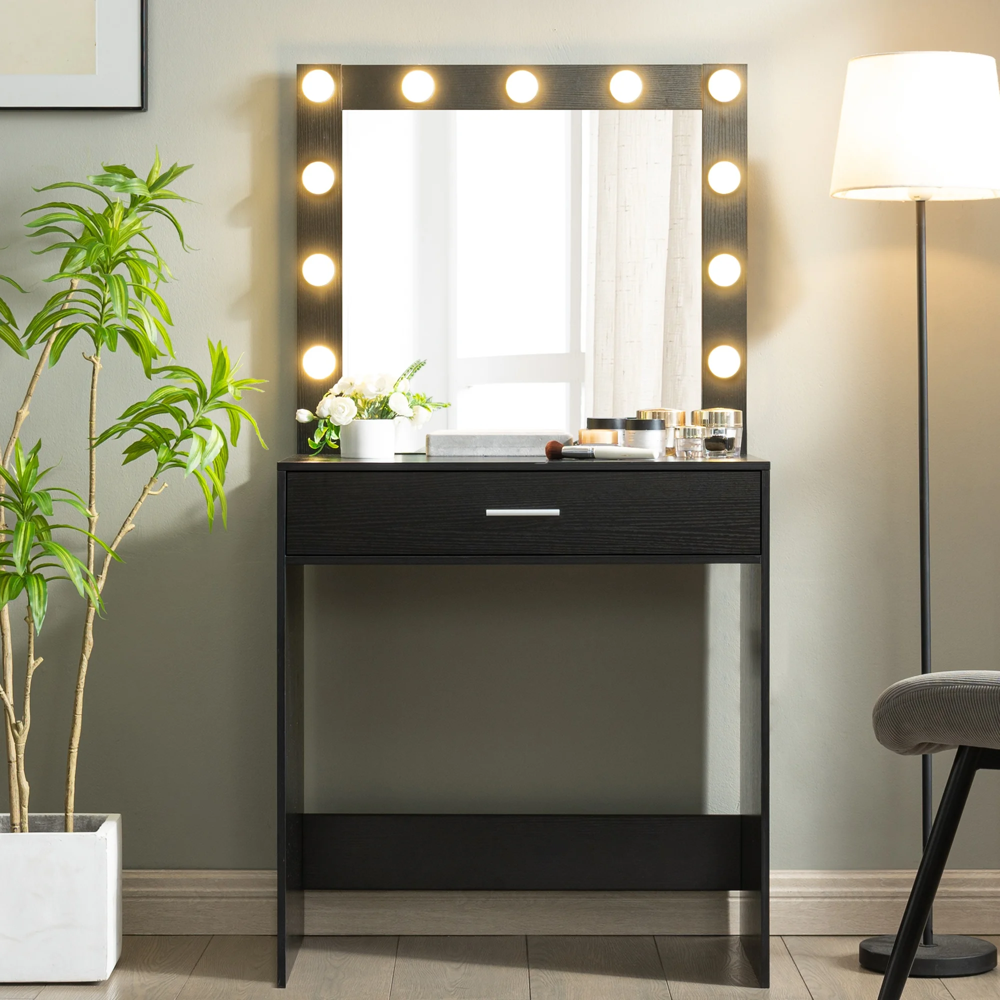 Vanity Desk With Mirror, Makeup Table Desk With Drawer, 3 Lighting Modes Adjustable Brightness Vanity Makeup Table For Small Space Home Living Room