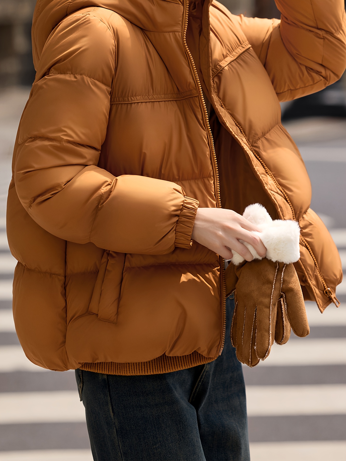XWI Elegant Puff-Sleeve Down Jacket for Women – Casual Winter Coat with Zip Closure, Solid Color, Polyester Lining