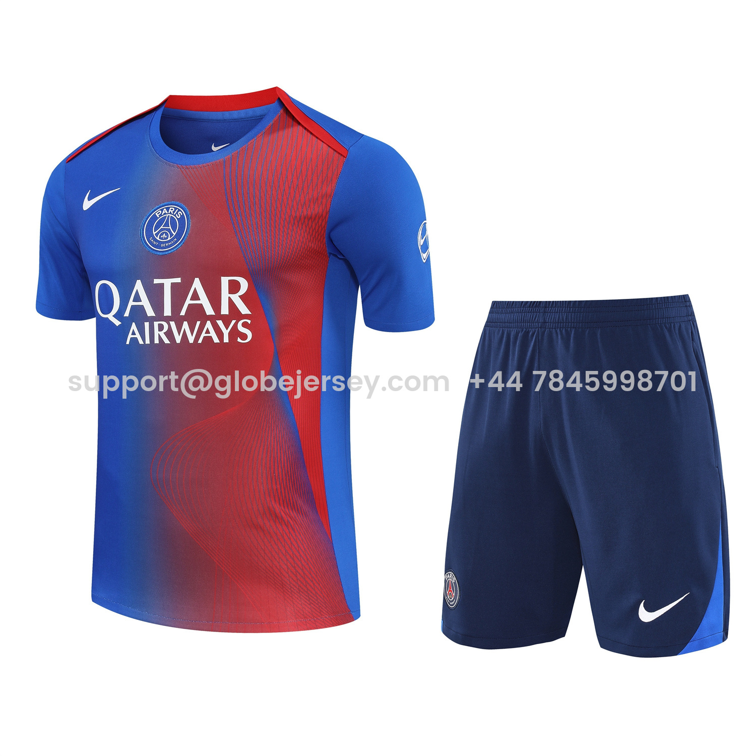 Paris Saint-Germain PSG 25-26 Short-Sleeve Training Set - Red And Blue Lines Top & Blue Shorts