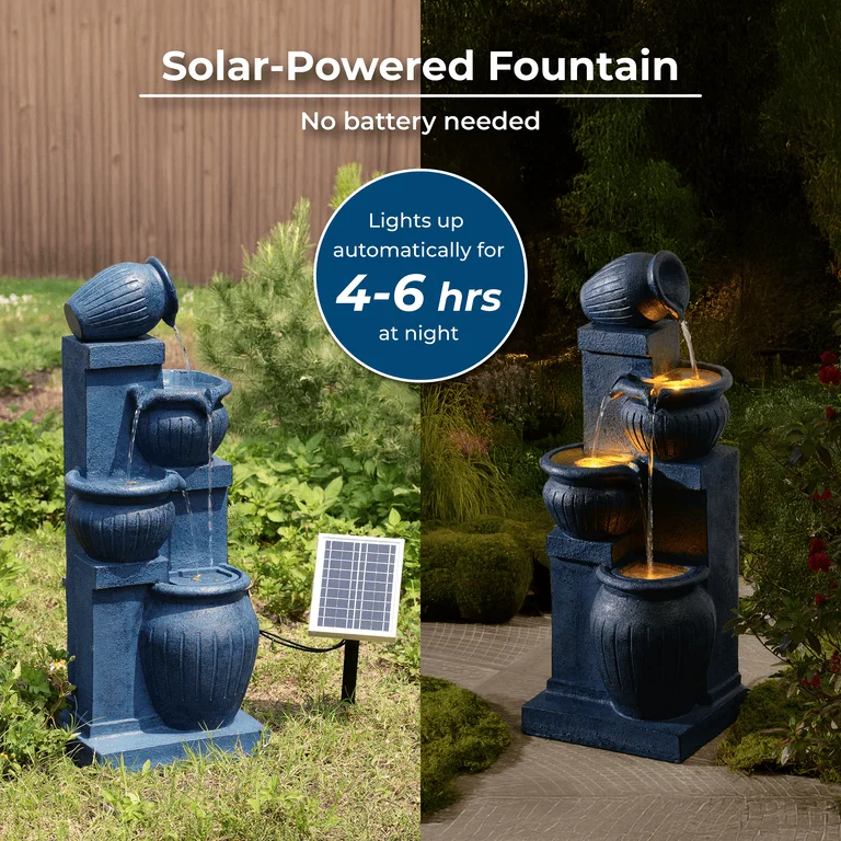 Teamson Home Outdoor Water Fountain with Lights�C 4-Tier Cascading Bowl Design with LED Light & Solar Pump, Solar-Powered Water Fountain Outdoor Garden, Yard, or Patio D��cor, Navy Blue