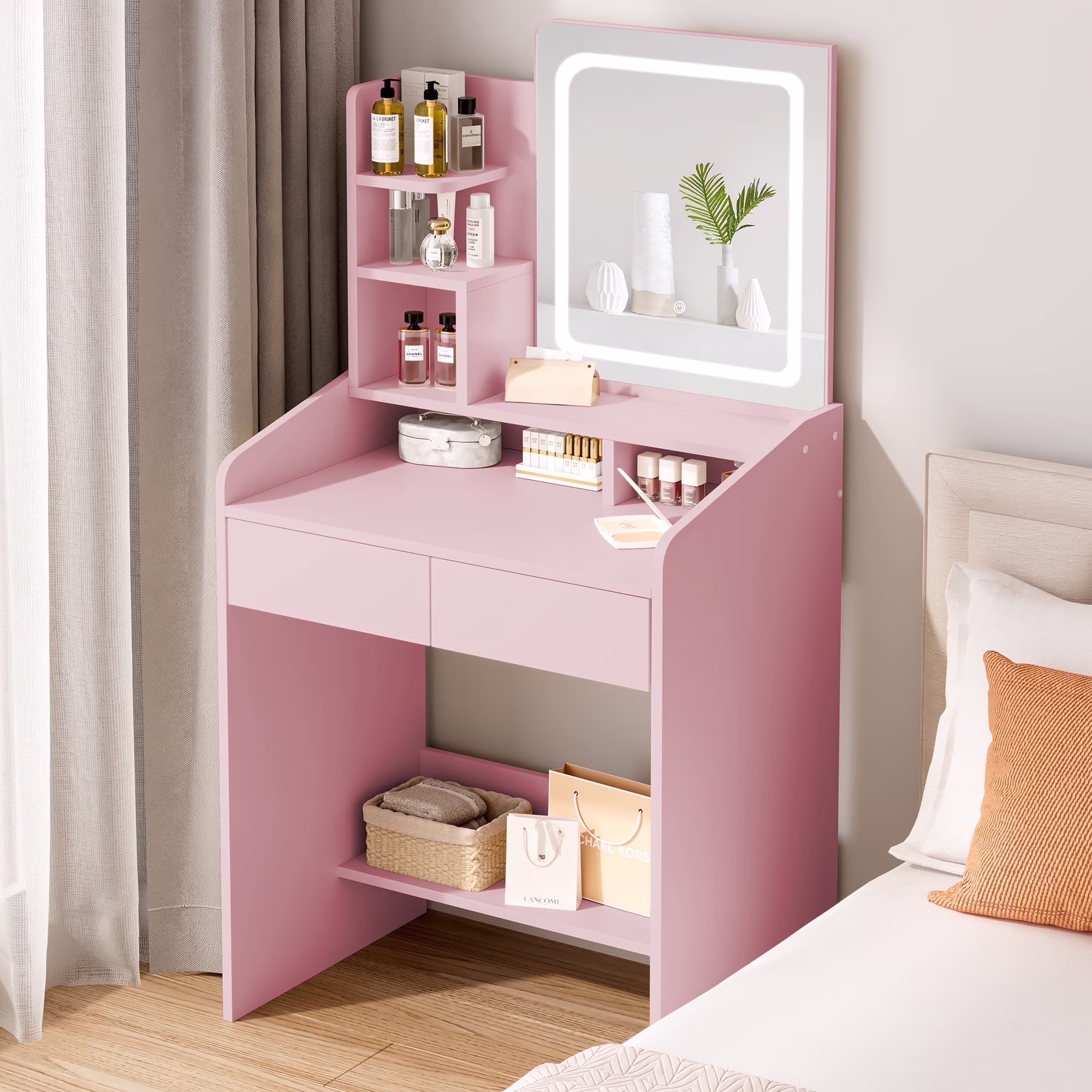 LIVELYGLOW Vanity Desk Set with Square Mirror and Light- Small Vanity Table with Drawers- White