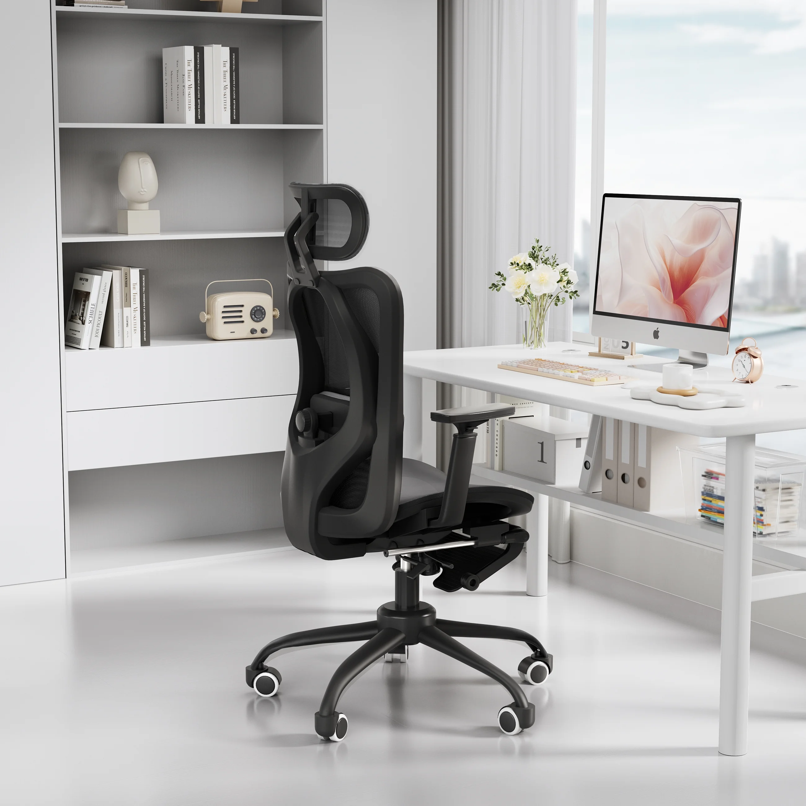 EVMORE Ergonomic Office Chair, Computer Desk Chair with Lumbar Support, Adjustable Headrest, and Breathable Mesh Back - 400 lbs Capacity, Black(with Footrest/3D Armrest)