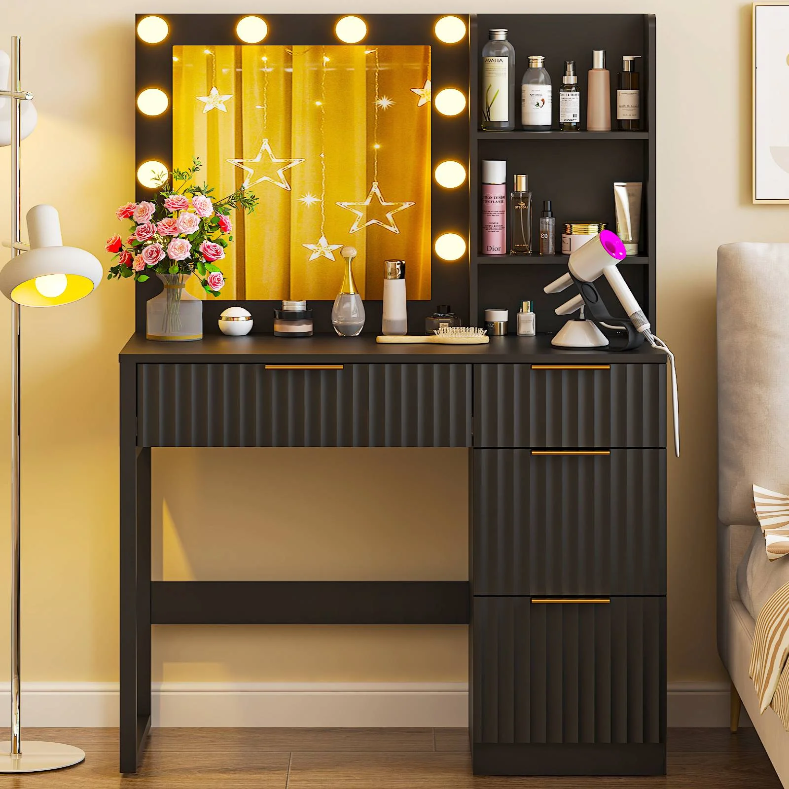 Ktaxon Vanity Set with 3 Color Lighted Mirror, Makeup Table with 3 Storage Shelves & Drawers, Dressing Table Makeup Desk with Stool,White