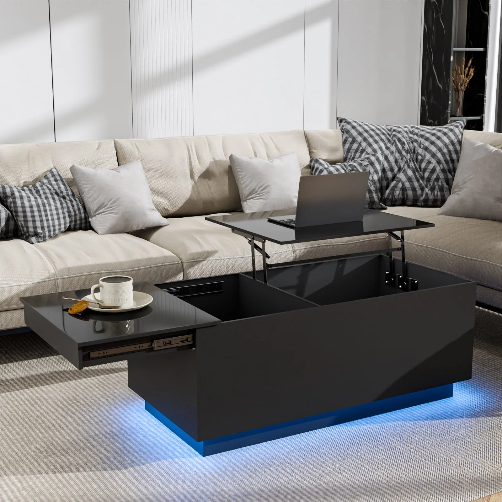 Hommpa LED Lift Top Coffee Table with Charging Station High Gloss Rectangle Center Tea Desk Black Hidden Storage Rising Dining Cocktail Tables Living Room