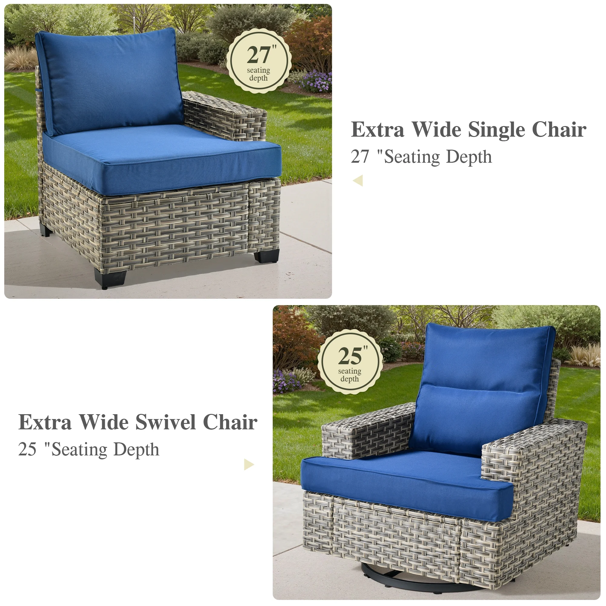 Ovios 10 Pieces Outdoor Patio Furniture Modern High-Back All-Weather Wicker Sectional Conversation Set with Propane Fire Pit Table & Swivel Chair, Dark Gray