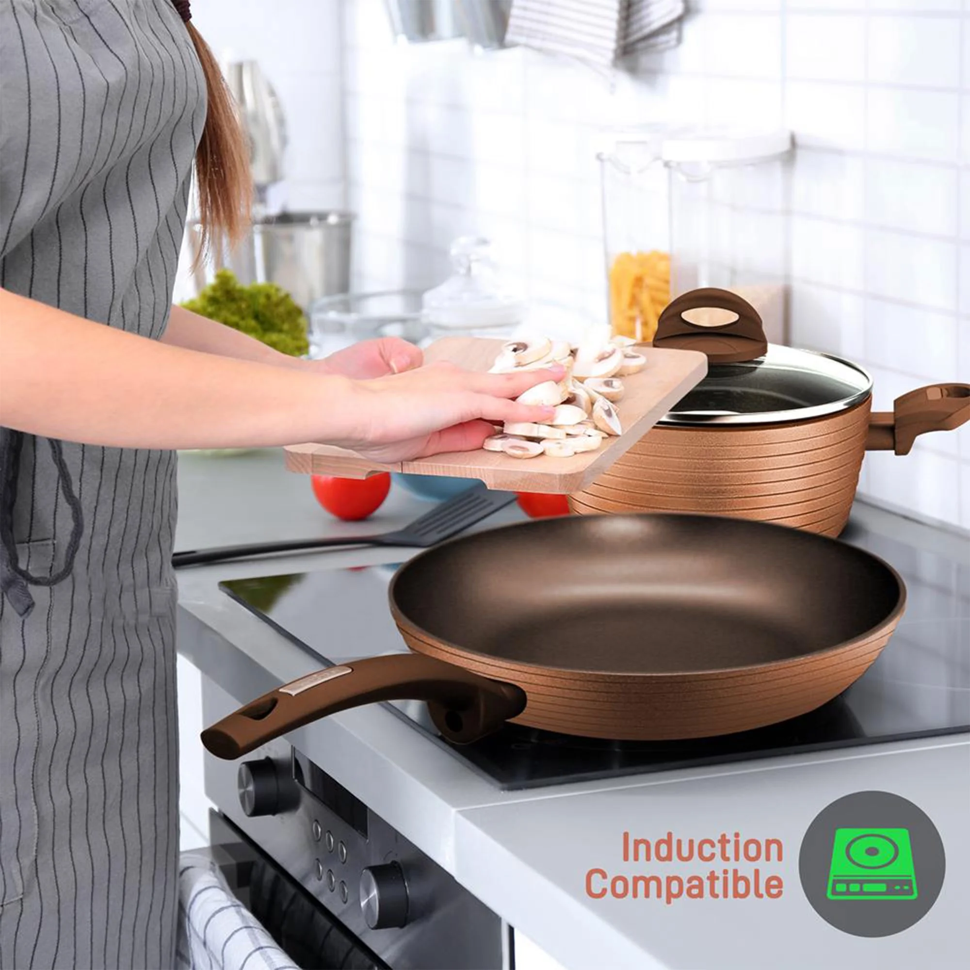 NutriChef Ridge Line Nonstick Kitchen Cookware Pots and Pan, 12 Piece Set, Gray