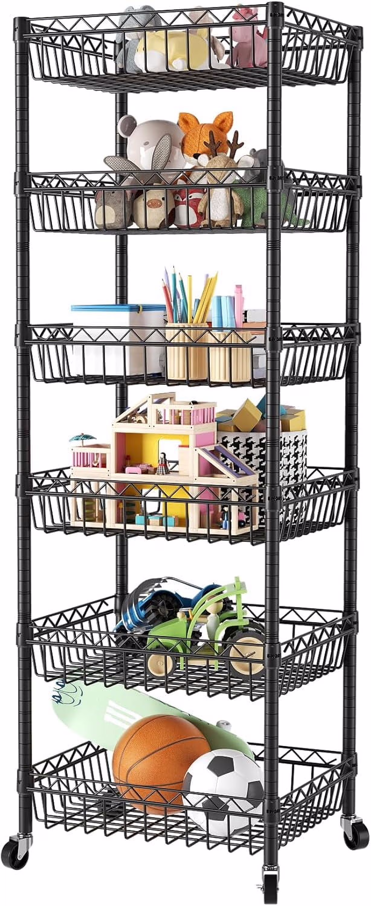 6 Tier Wire Shelving Unit with Wheels Baskets Storage Rack Corner Shelves Adjustable Shelf Closet Bathroom Organizers Metal Pantry Kitchen Garage Laundry Room 13.5