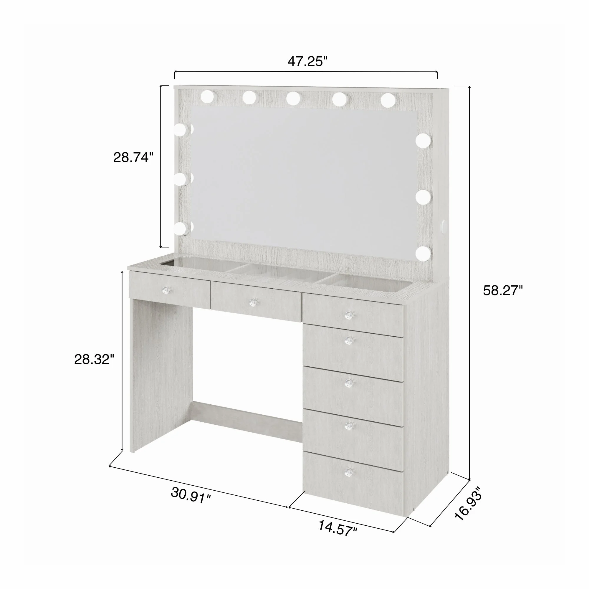 Ember Interiors Modern Large Greige Makeup Vanity Desk with Built-in Lights, Power Outlet with USB Type-C, Glass Top, 7 Drawers and Crystal Knobs