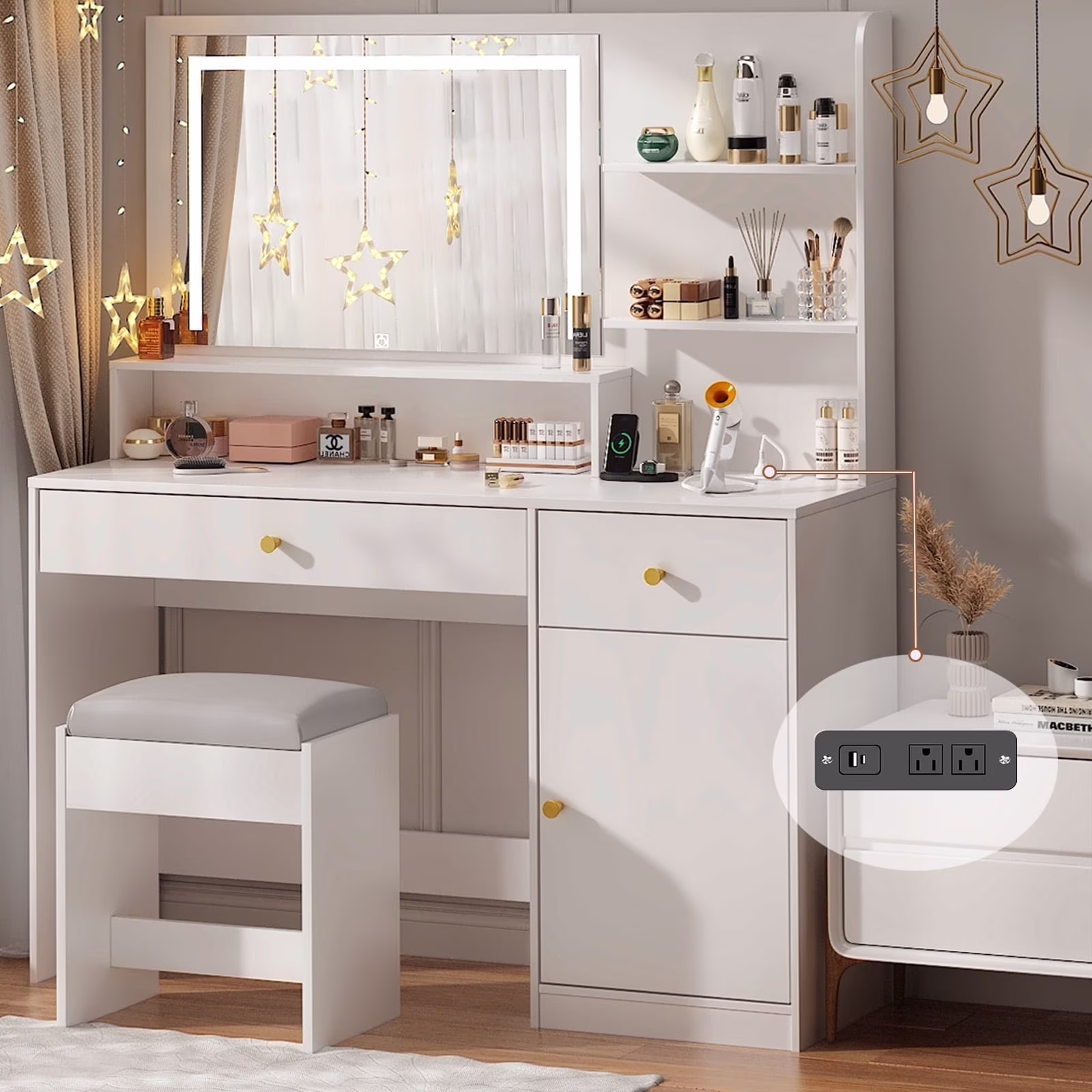 ChVans White Vanity Desk with Lighted Mirror & Charging Station, Vanity Table Set w/3 Storage Shelves,2 Drawers,Storage Cabinet & Makeup Vanity Cushioned Stool(White-37