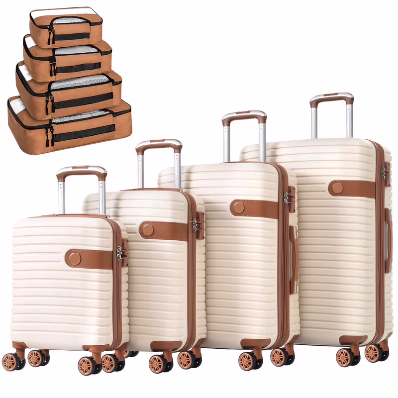 EBQOSK 4PCS Carry On Expandable Luggage Set with 4 Packing Cubes, 16/24/26/28 Inch Three-layer ABS Composite Suitcases with TSA Lock & 360°Spinner Wheels for Family Travel, Expand 25% Space Brown