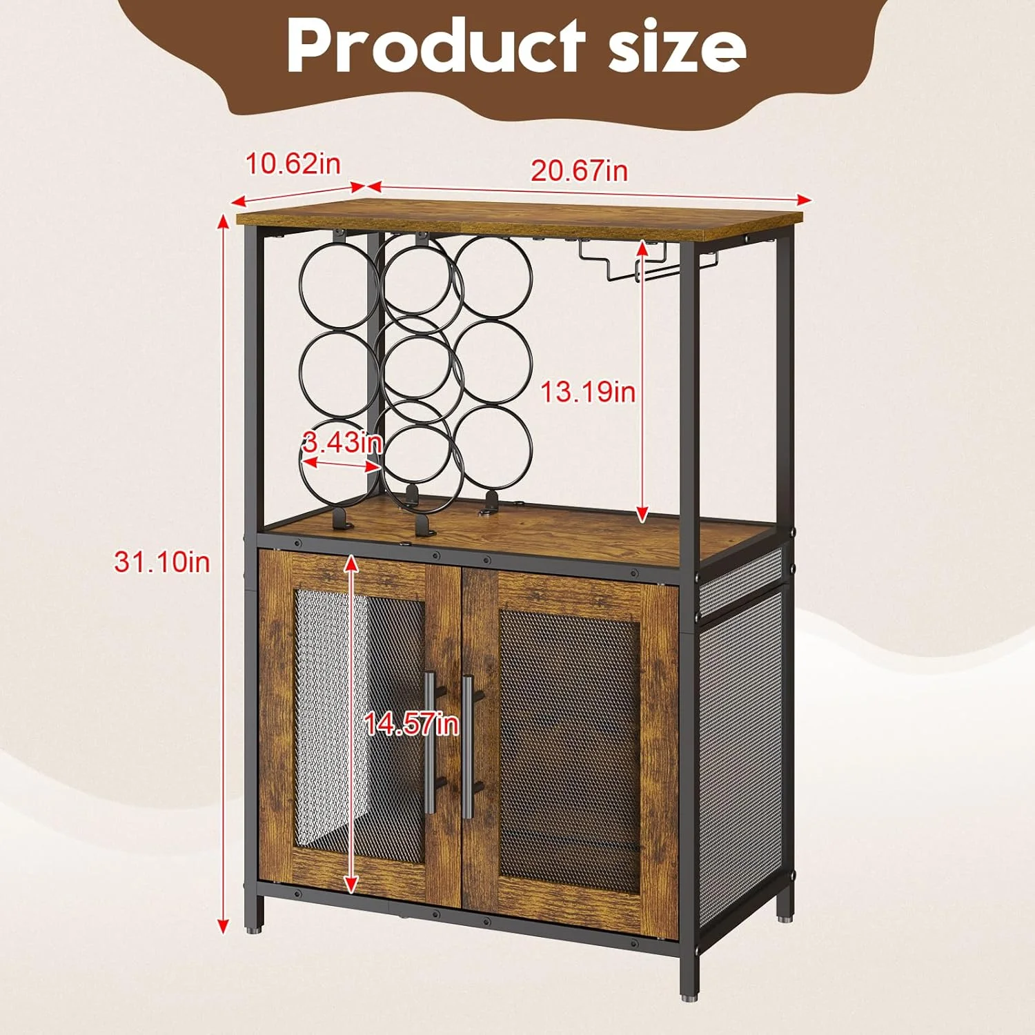 Bar Cabinet with Detachable Wine Rack, Liquor Stand for Home Bar, Mini Table with Glass Holder, Small Sideboard with Mesh Door, Storage Cabinet for Wine, Spirits, Rustic Brown