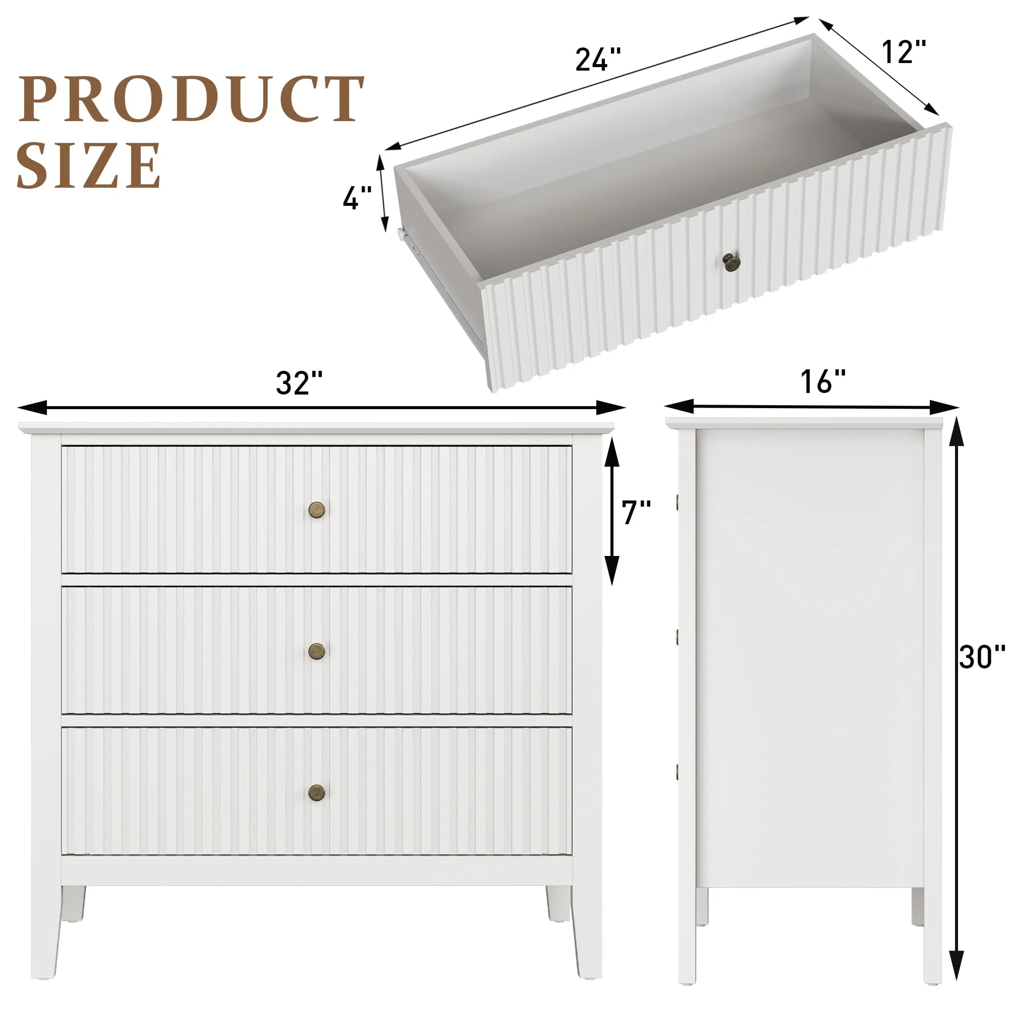 May Color Large White 3 Drawer Dresser Set of 2 with Fluted Panel, Modern Chest of Drawers with Silent Slide Drawers, Wood Accent Nightstand with Storage for Bedroom Living Room, Hallway