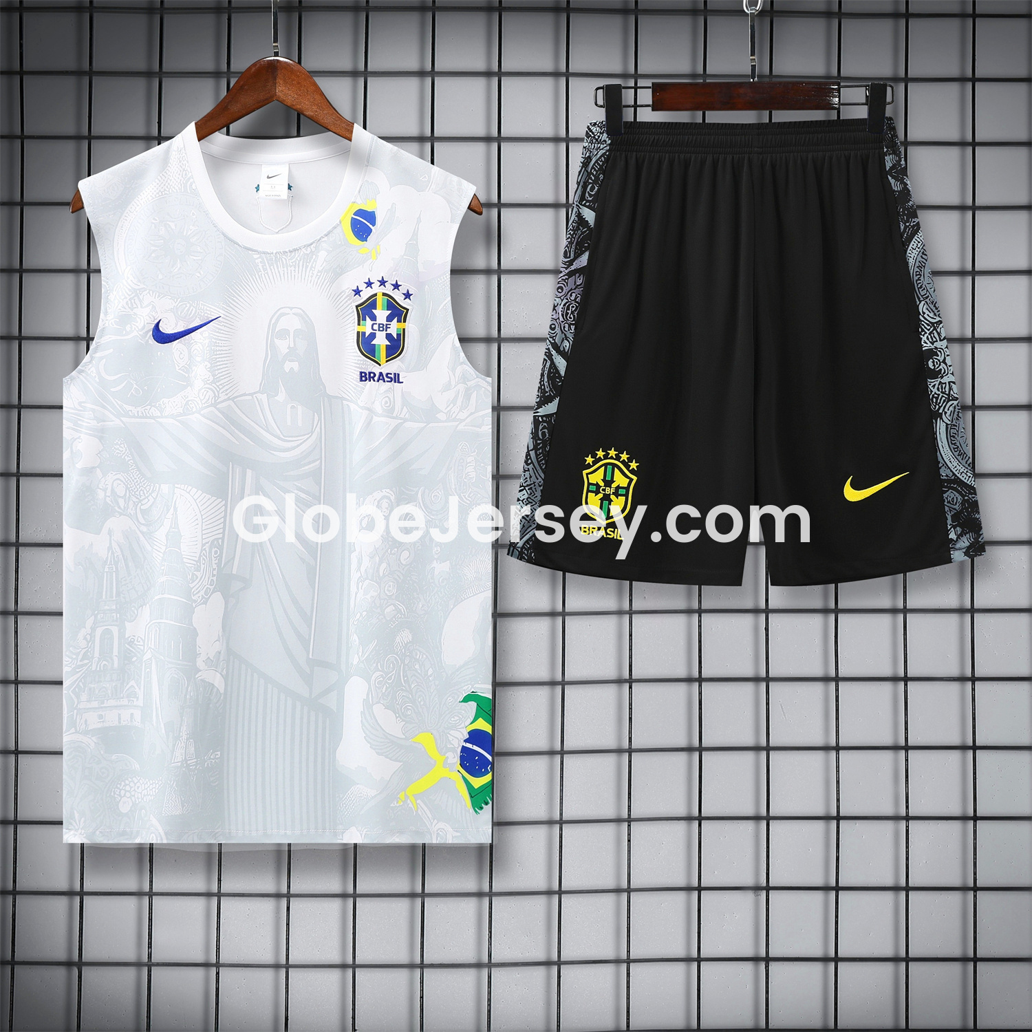 Brazil 25-26 White Jesus Statue Vest Training Set - White Vest & Black Shorts