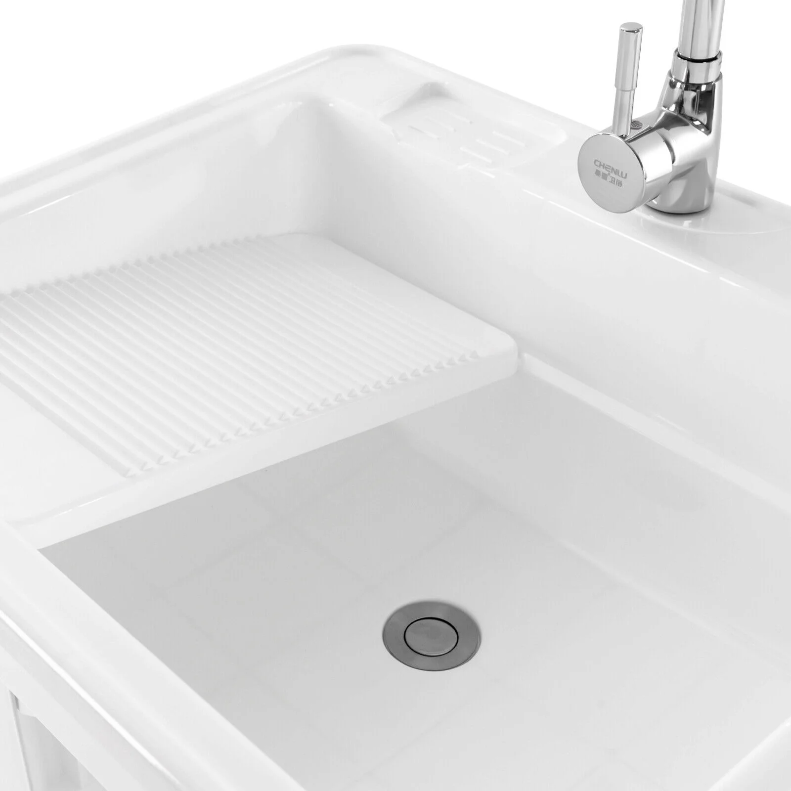 Freestanding Laundry Sink Plastic Basin Tub Utility Wash Bowl with Hot&Cold Faucet/Washboard for Sundry Rooms