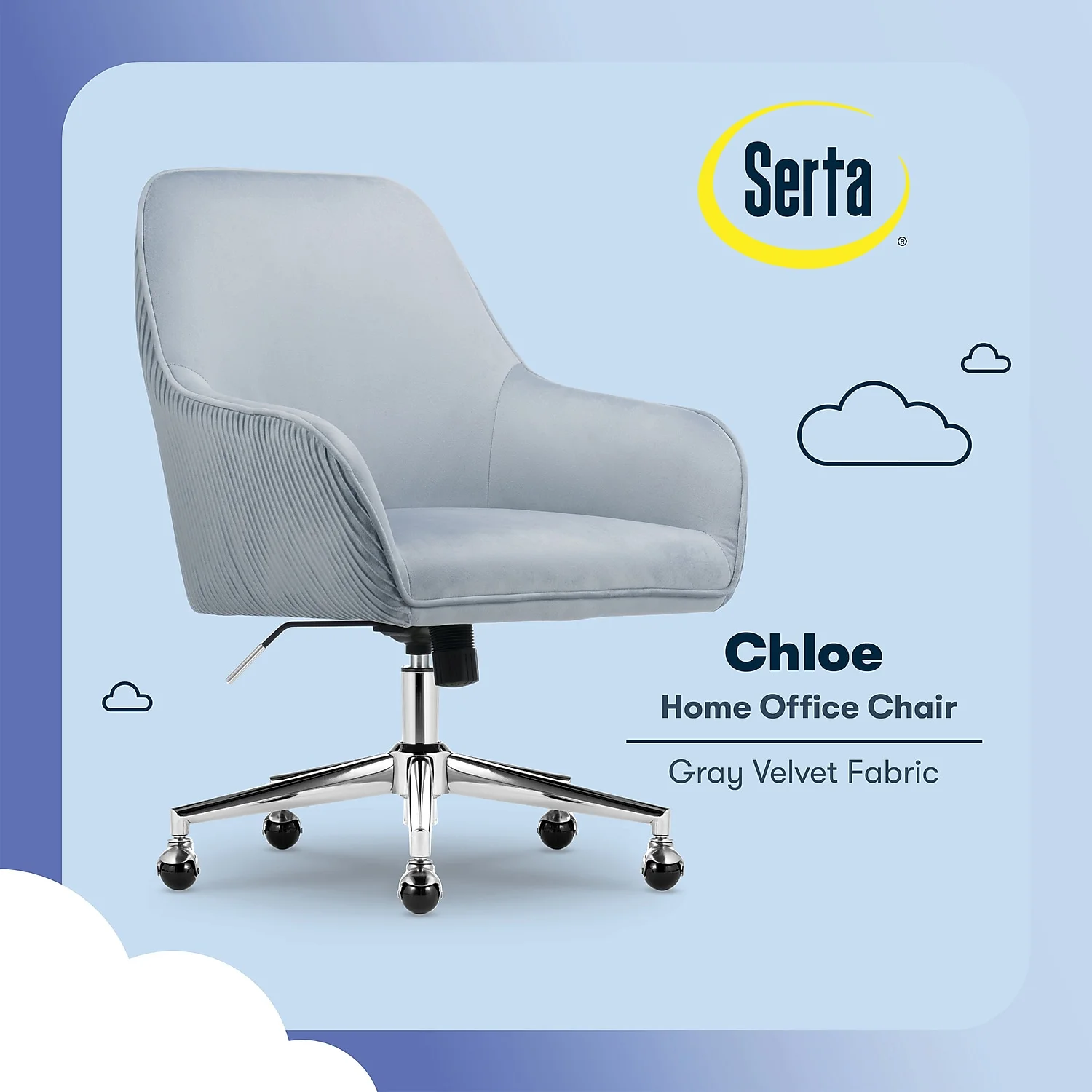 Serta Chloe Modern Office Chair Pleated Mid-Back Chrome Metal Base Blue Velvet