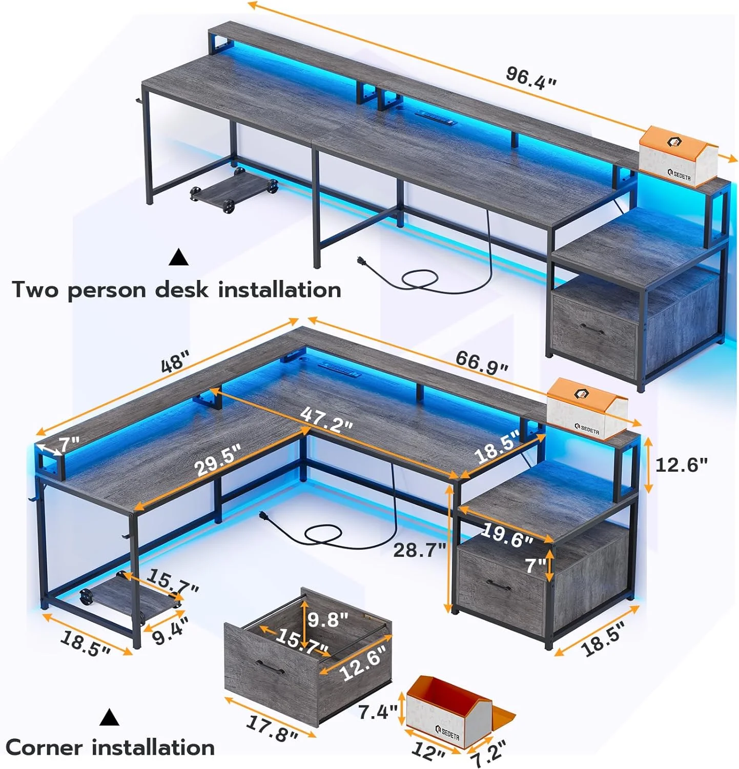 L Shaped Desk with Power Outlet and LED Lights, Corner Computer Desk with File Drawer for Home Office,  Gaming Desk,  Rustic Brown