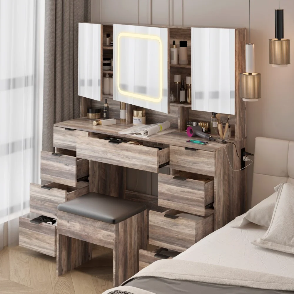 IVV Vanity Desk Set with Large LED Lighted Mirror & Power Outlet, Makeup Dressing Table with 9 Drawers and 3 Cabinets in Mirrored Doors, 47